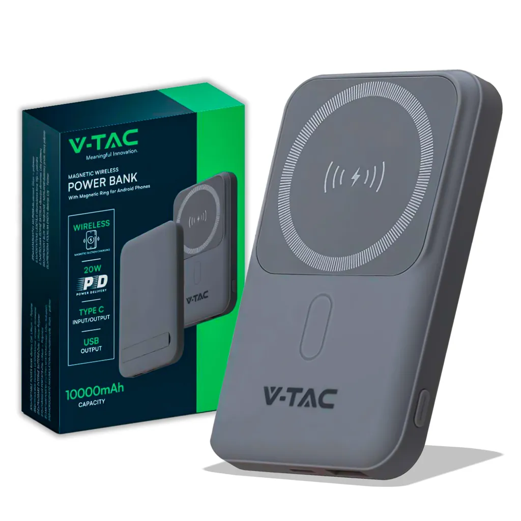 Power Bank 10000 mAh MagSafe Ultra Sottile Magnetico con Ricarica Wireless Colore Grigio, vista angolata con scatola