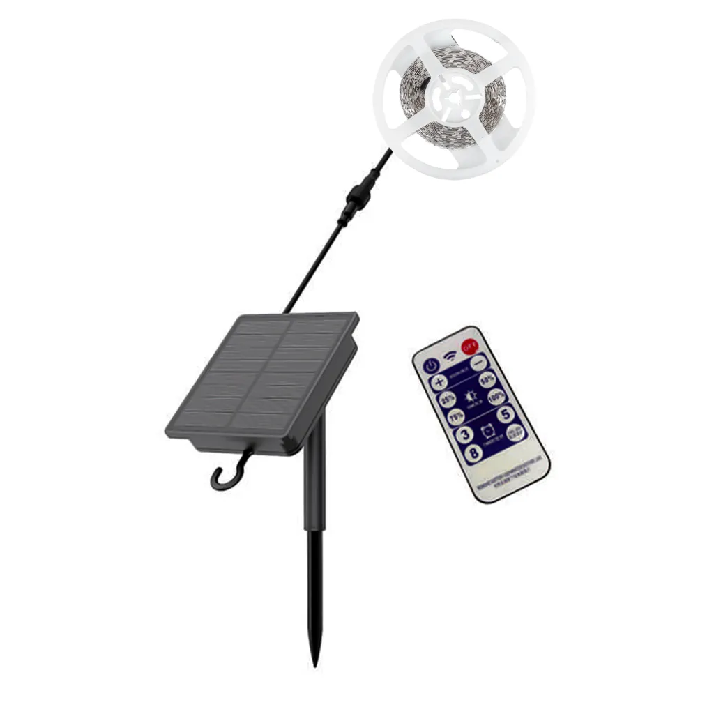 Kit Strip LED SMD2835 120lm/m 60LED/m Bobina 5m con Pannello Solare e Telecomando 3000K, vista generale componenti
