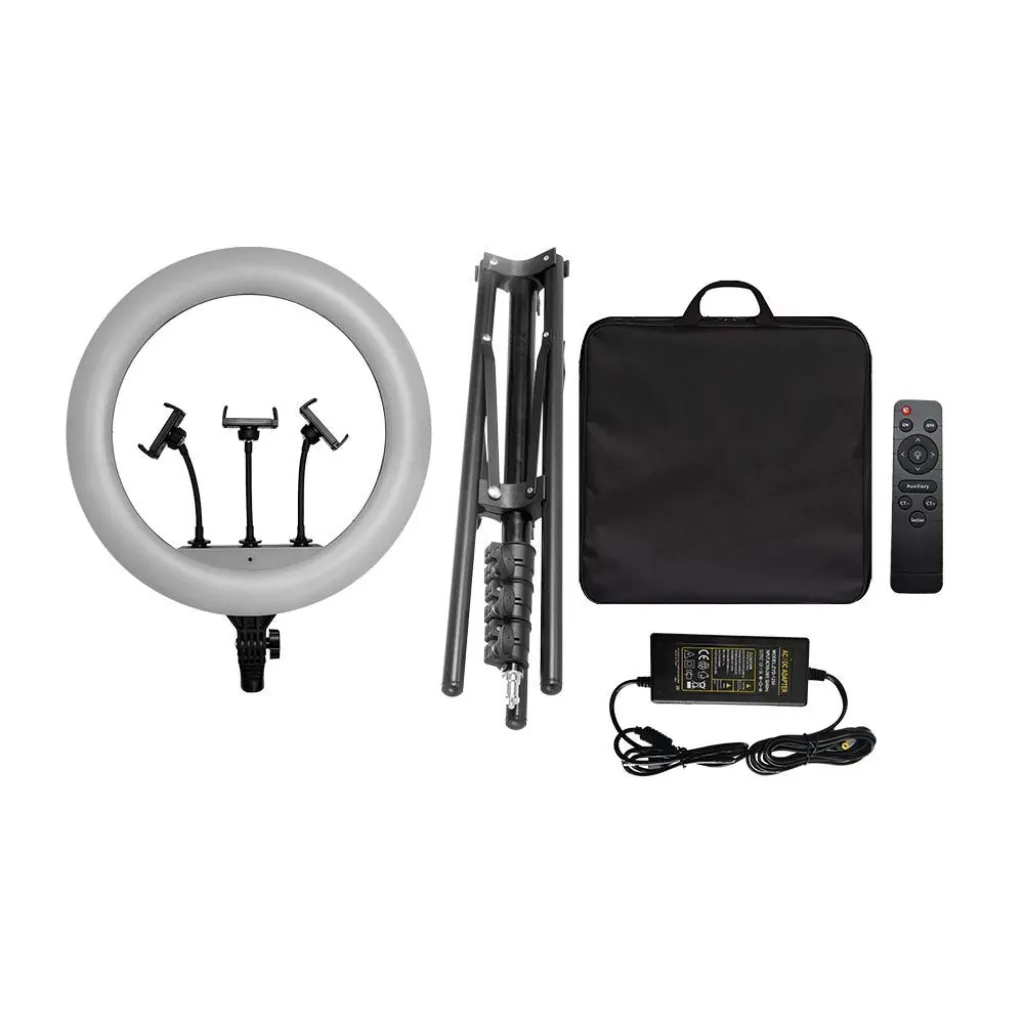Lampada ad Anello 55W 45cm per Selfie e Riprese Video con Treppiede Regolabile 160cm incluso Telecomando e 3 Supporti per Telefono CCT Variabile 3000K-6000K, vista di tutti gli accessori