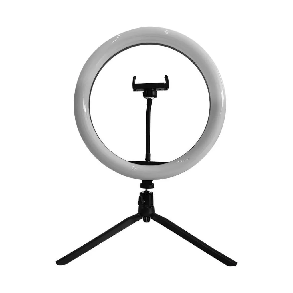 Lampada ad Anello 7W 26cm per Selfie e Riprese Video con Treppiede da Tavolo inclusa Pulsantiera e 1 Supporto per Telefono CCT Variabile 3000K-6000K, vista frontale