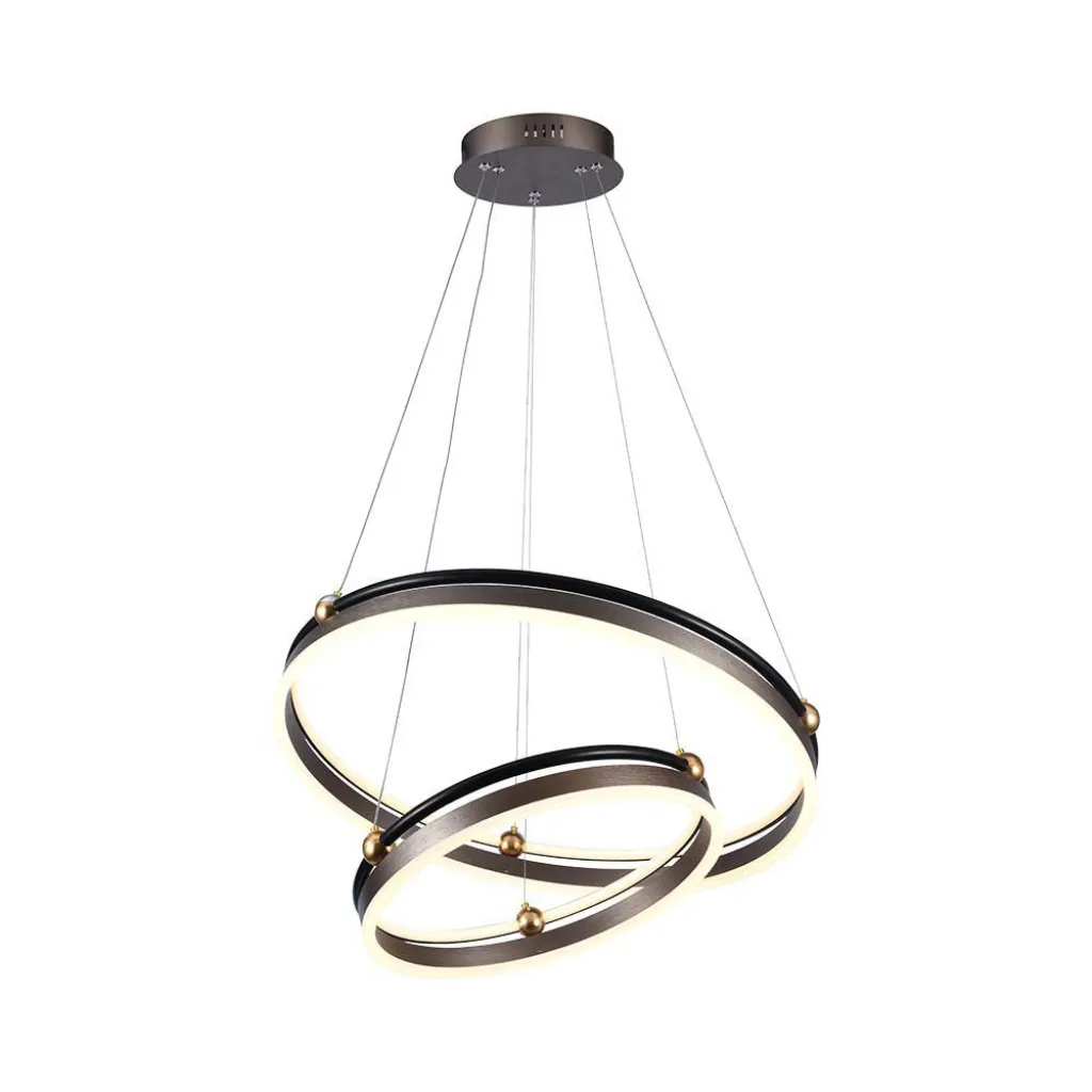 Lampadario LED a Sospensione con 2 Cerchi 50W in Metallo Colore Caffè d: 62.5cm h: 110cm 3000K, vista frontale angolata