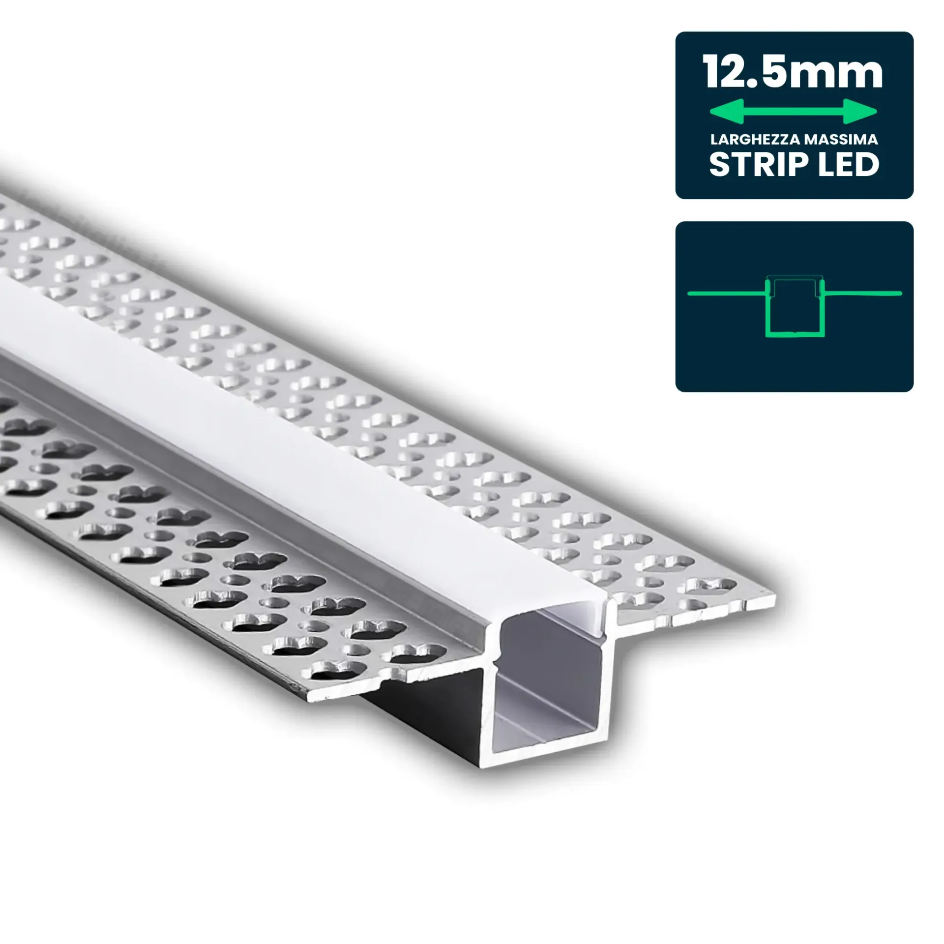 Profilo Lineare da Incasso Cartongesso per Strip LED fino a 12.5mm, Alluminio Silver con Copertura Opaca 2000x56x15mm, vista angolata ravvicinata