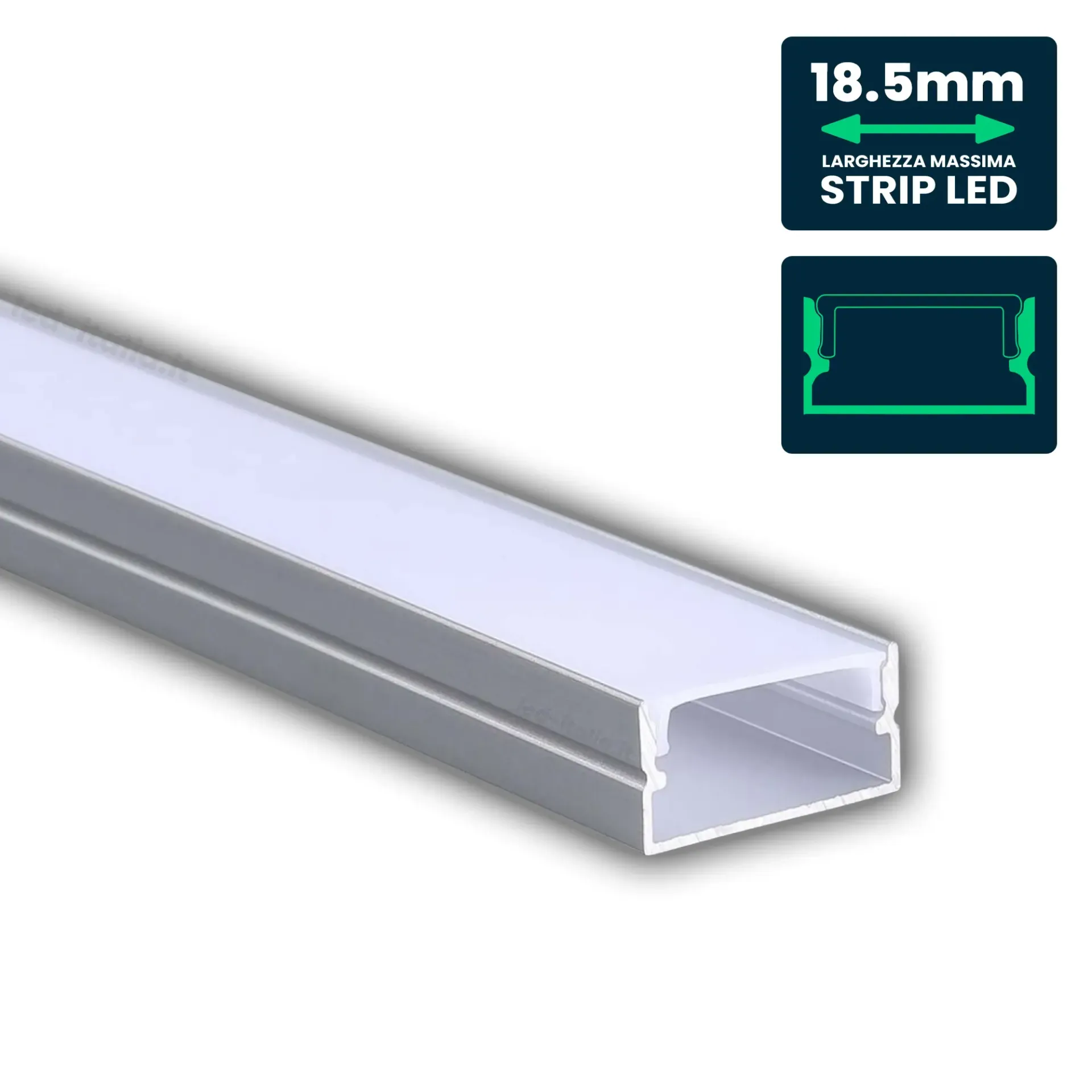 Profilo Lineare per Strip LED fino a 18.5mm, Alluminio Silver con Copertura Opaca 2000x20x10mm, vista angolata frontale