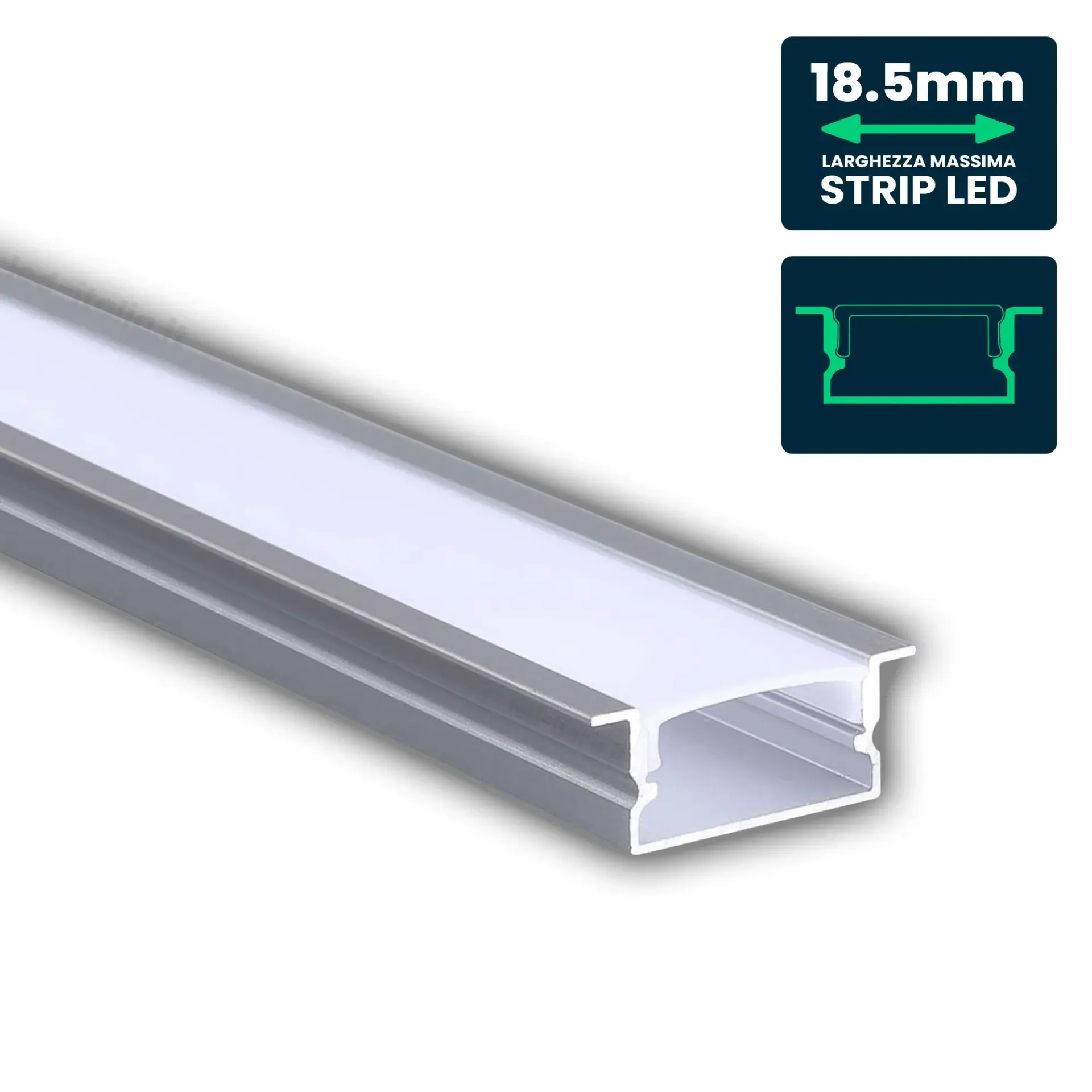 Profilo Lineare da Incasso per Strip LED fino a 18.5mm, Alluminio Silver con Copertura Opaca 2000x10x26mm, vista angolata
