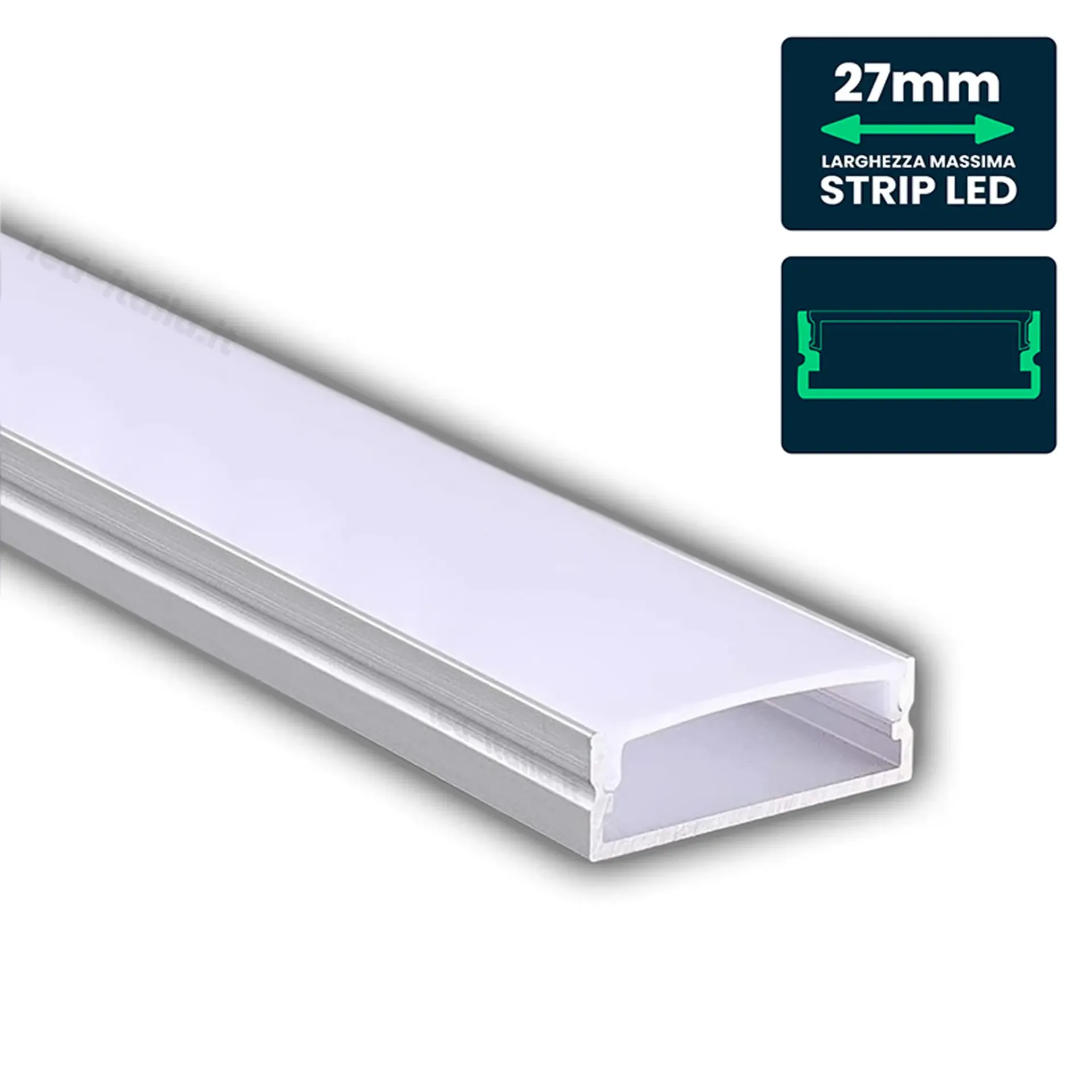 Profilo Lineare per Strip LED fino a 27mm, Alluminio Silver con Copertura Opaca 2000x30x20mm, vista angolata frontale
