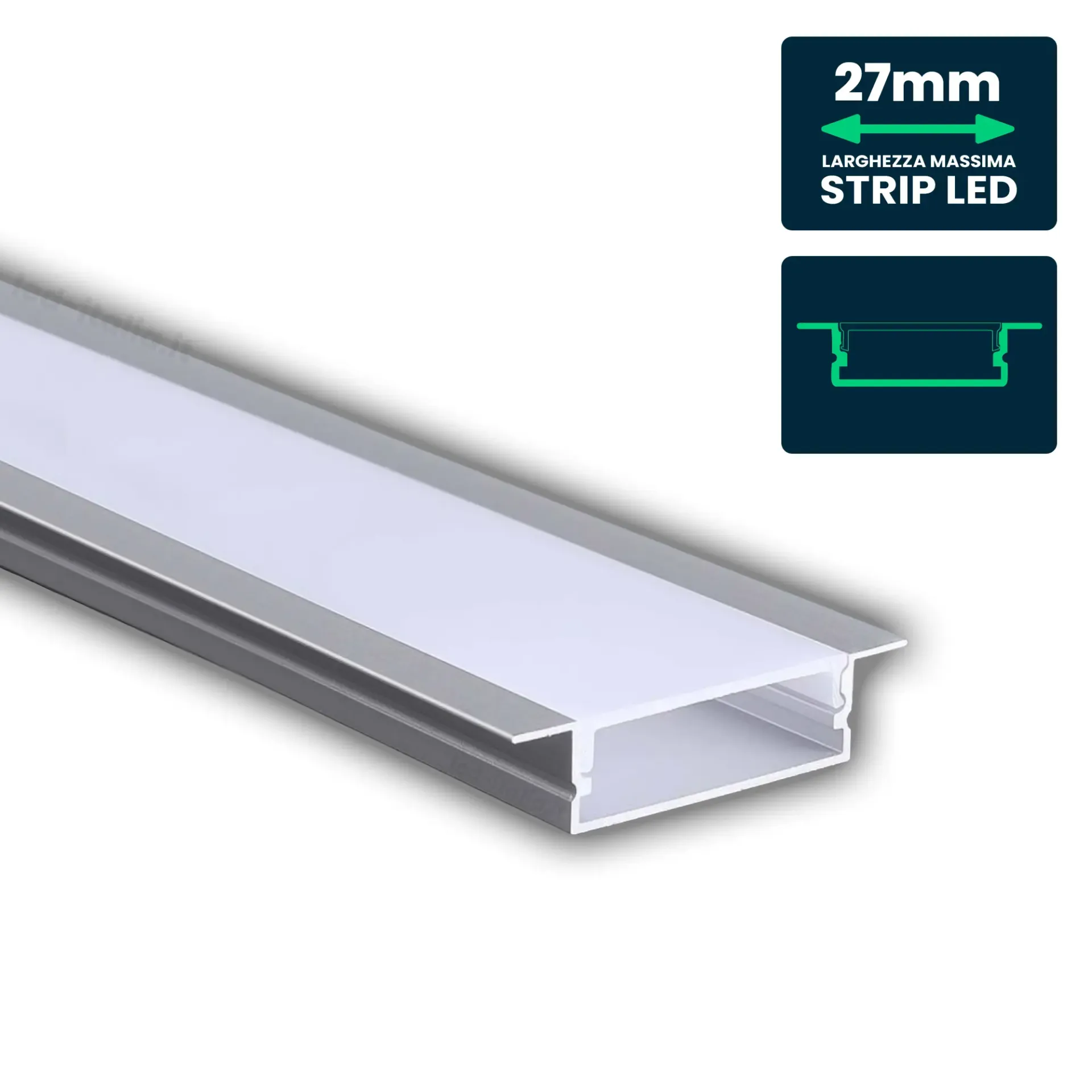 Profilo Lineare da Incasso per Strip LED fino a 27mm, Alluminio Silver con Copertura Opaca 2000x10x41mm, vista generale