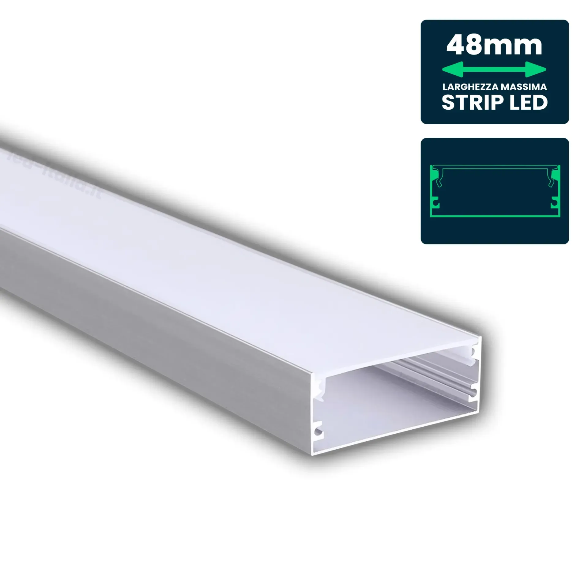 Profilo Lineare per Strip LED fino a 48mm, Alluminio Silver con Copertura Opaca 2000x50x20mm, vista angolata