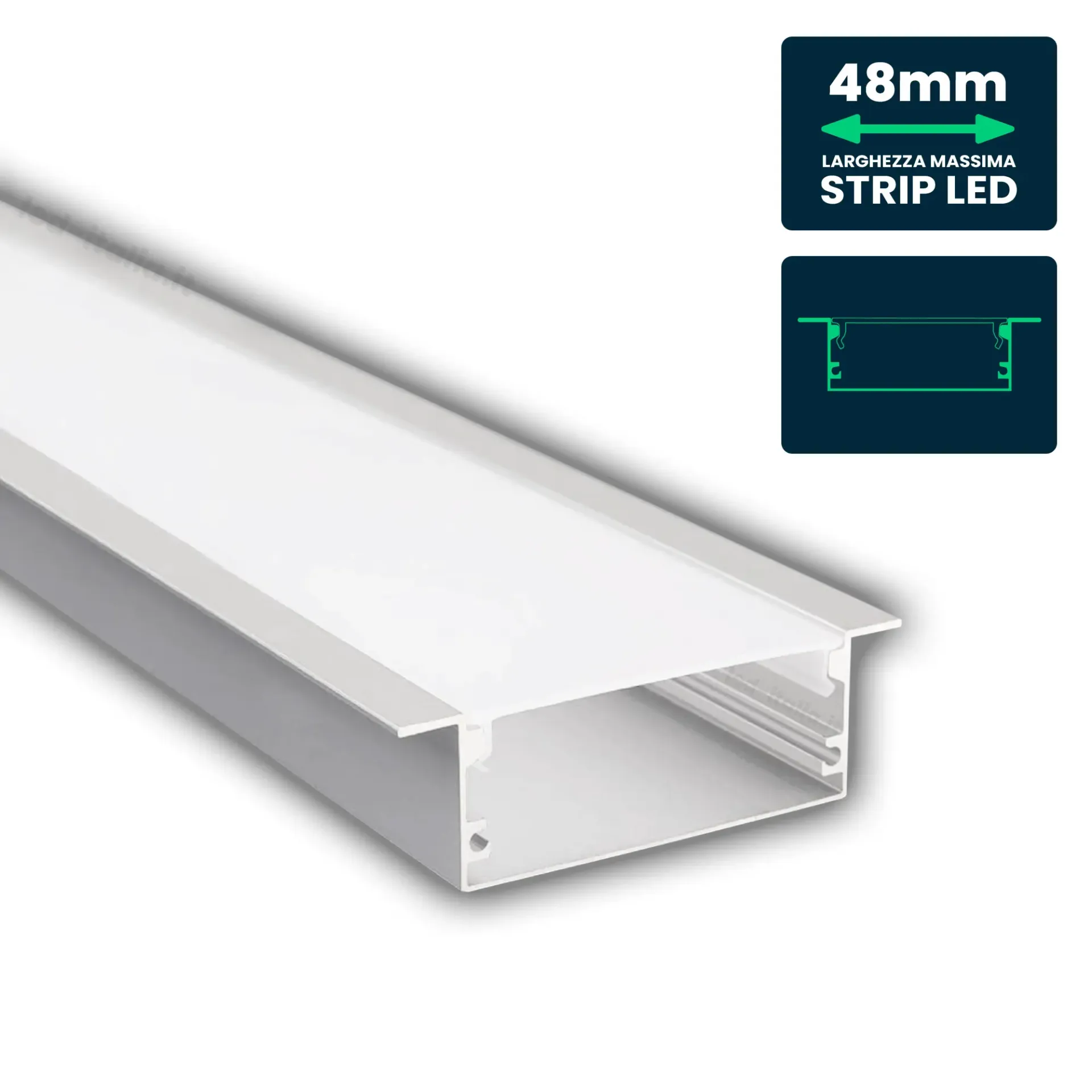 Profilo Lineare da Incasso per Strip LED fino a 48mm, Alluminio Silver con Copertura Opaca 2000x20x65mm, vista angolata frontale