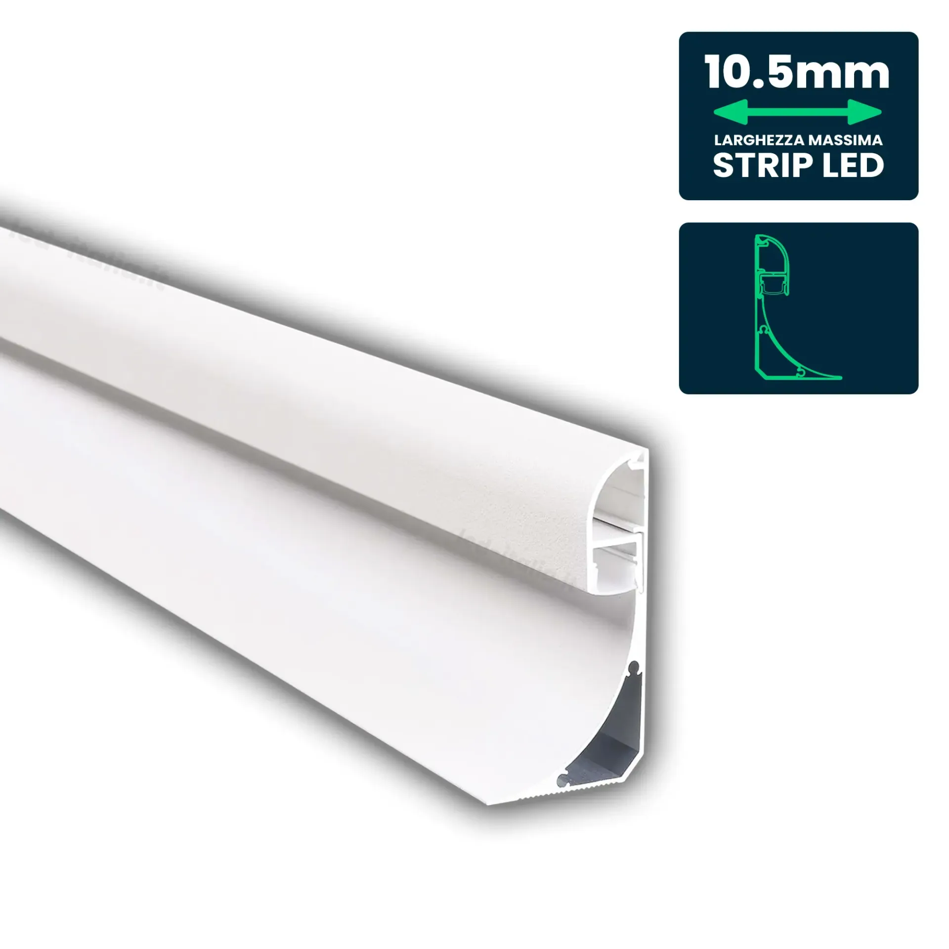 Profilo Angolare per Strip LED fino a 10.5mm, Luce Indiretta, Alluminio Silver con Copertura Opaca 2000x60x36.5mm, vista angolata