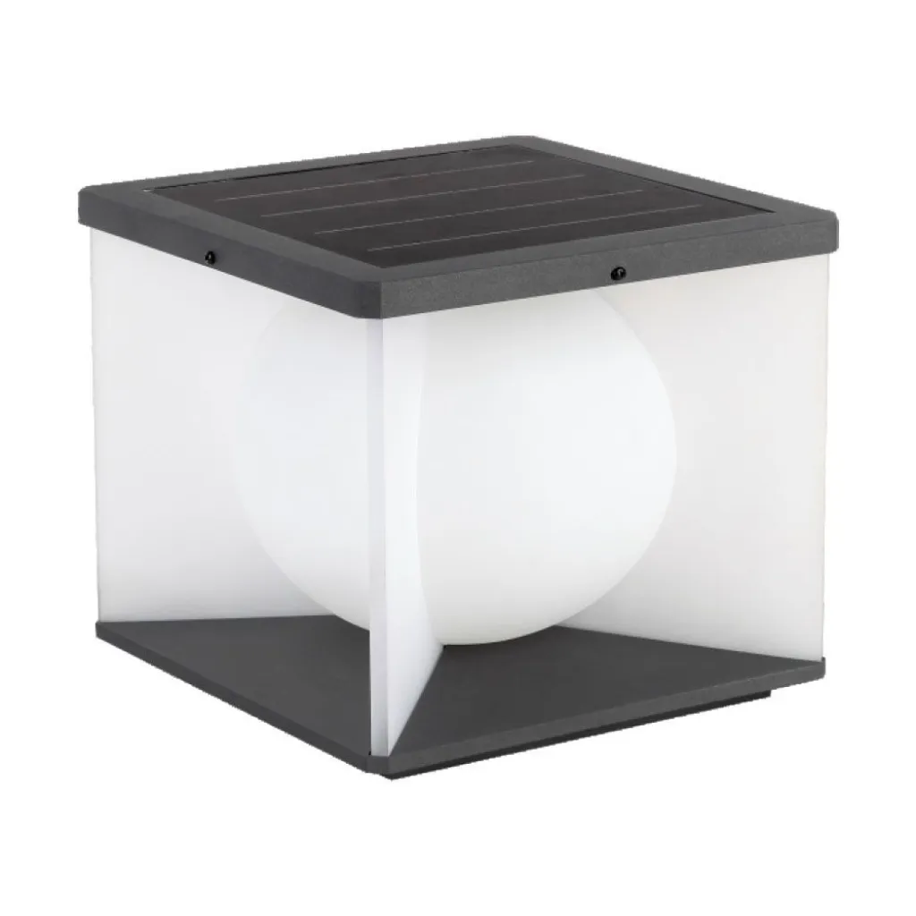 Lampada LED da Giardino a Cubo con Pannello solare e Telecomando 8W 305x305x305mm 3000K, vista frontale angolata