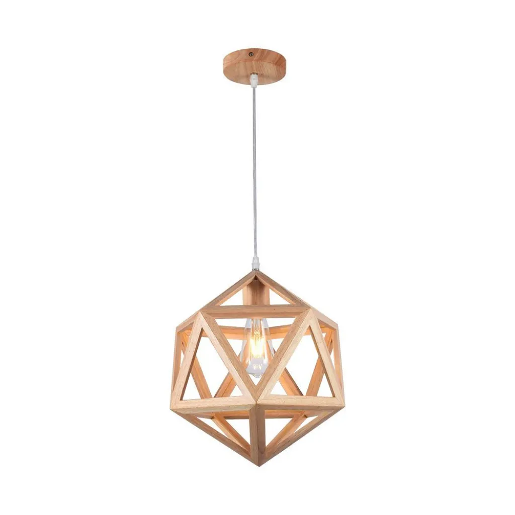 Lampadario LED a Sospensione dal Design Geometrico con Portalampada E27x1 (Max 40W) Colore Legno D300mm, vista angolata