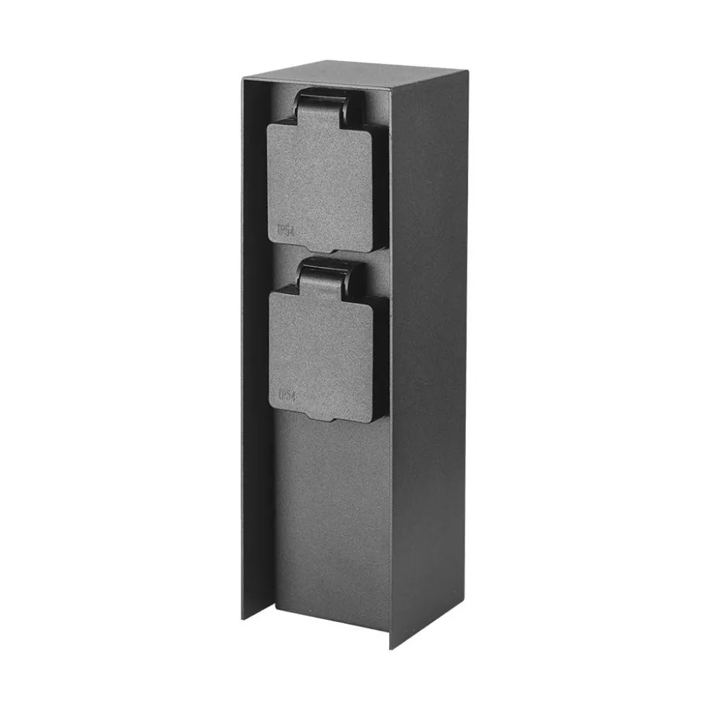 Multipresa da Giardino a Colonna con 2x Prese Schuko 16A, in Acciaio Colore Nero 70x230mm, vista frontale angolata