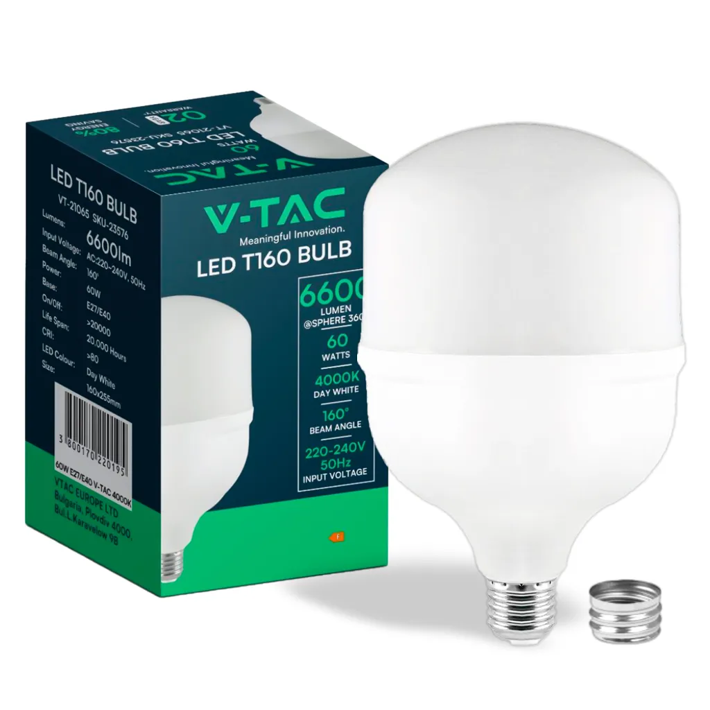 Lampadina LED E27, incluso Anello con Attacco E40 60W T160 4000K, vista angolata con scatola