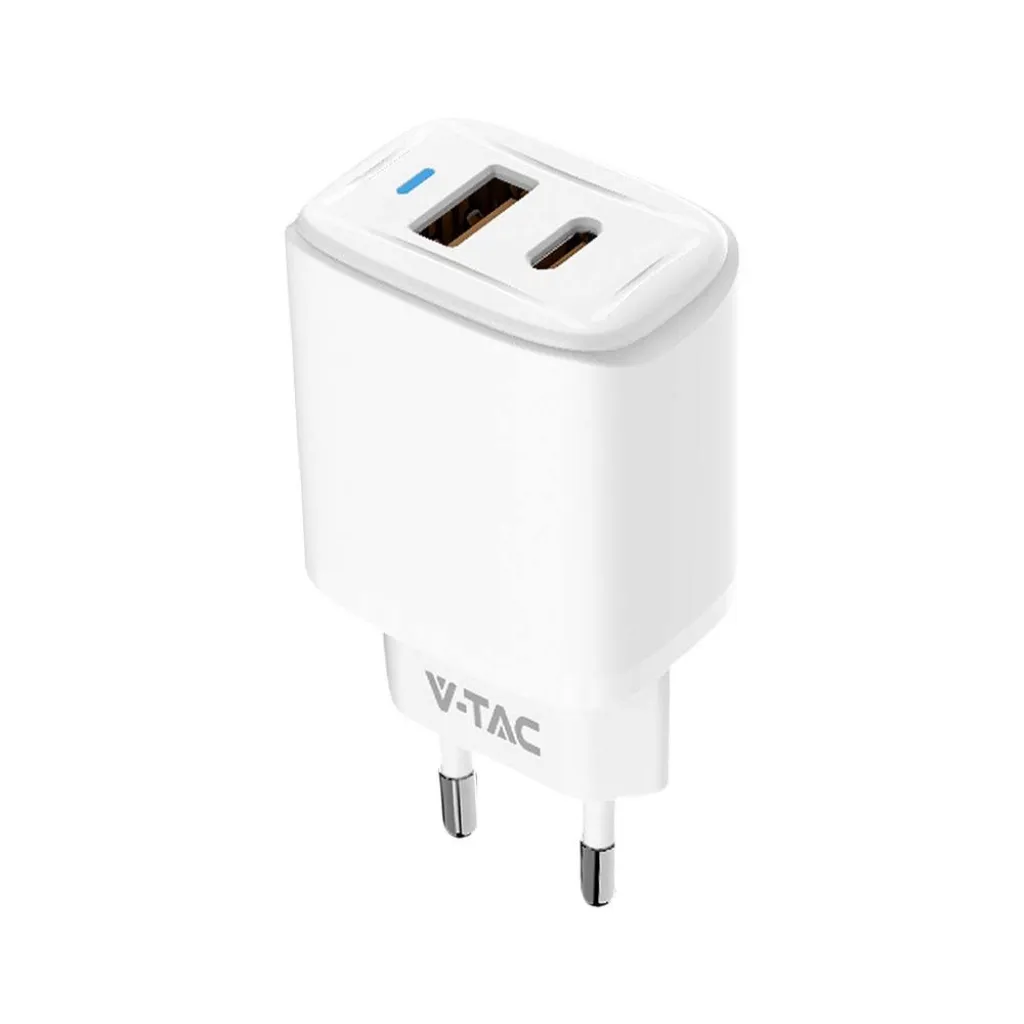 Adattatore di Ricarica Rapida 20W USB-A USB-C Output 5V 3A, 9V 2A, 12V 1.5A Doppia Porta PD+QC Colore Bianco Compatibile con Smartphone e Tablet, vista angolata frontale