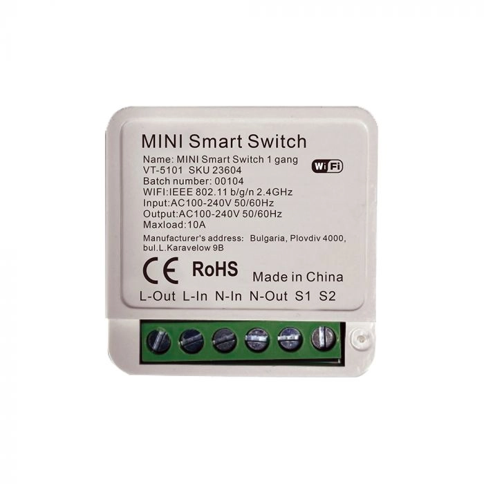 Interruttore Smart WiFi Mini con 1 Canale per Controllo Luci LED fino a 150W Controllo da Remoto via App Smart Life Compatibile con Amazon Alexa e Google Home, vista superiore con etichetta