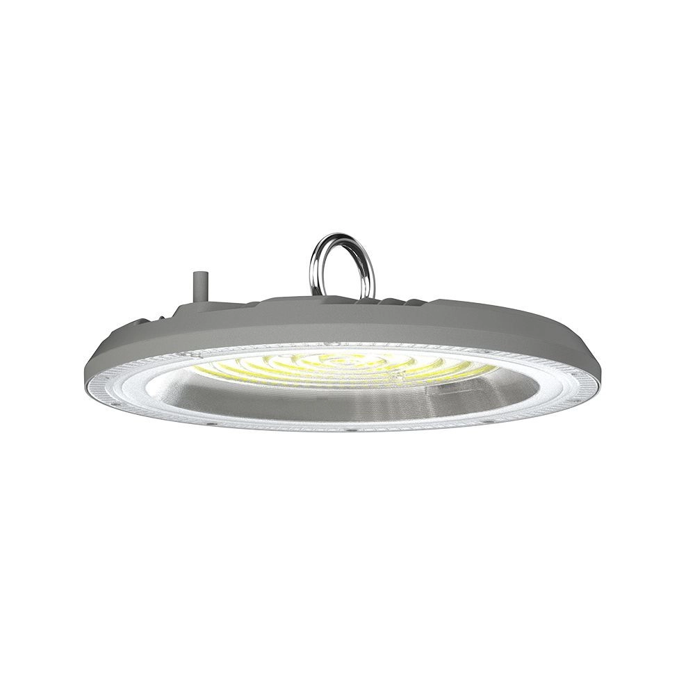 Campana Industriale LED SMD 150W UFO Colore Grigio 90 gradi Interruttore CCT 3000K-6500K, vista angolata