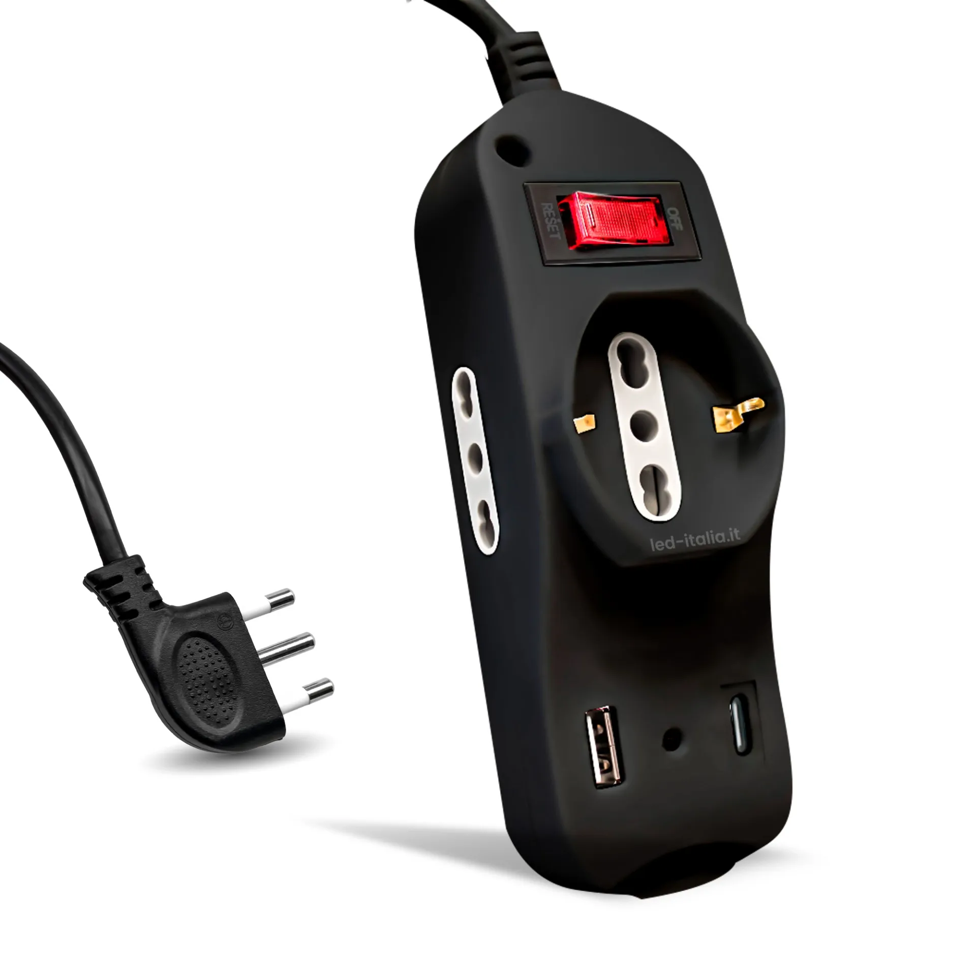 Multipresa con Cavo 1,5m e 3x Prese 10/16A (2x Laterali Bipasso + 1x Frontale Schuko), 2x Prese USB (1A + 1C), Spina 16A e Interruttore Colore Nero, vista angolata frontale