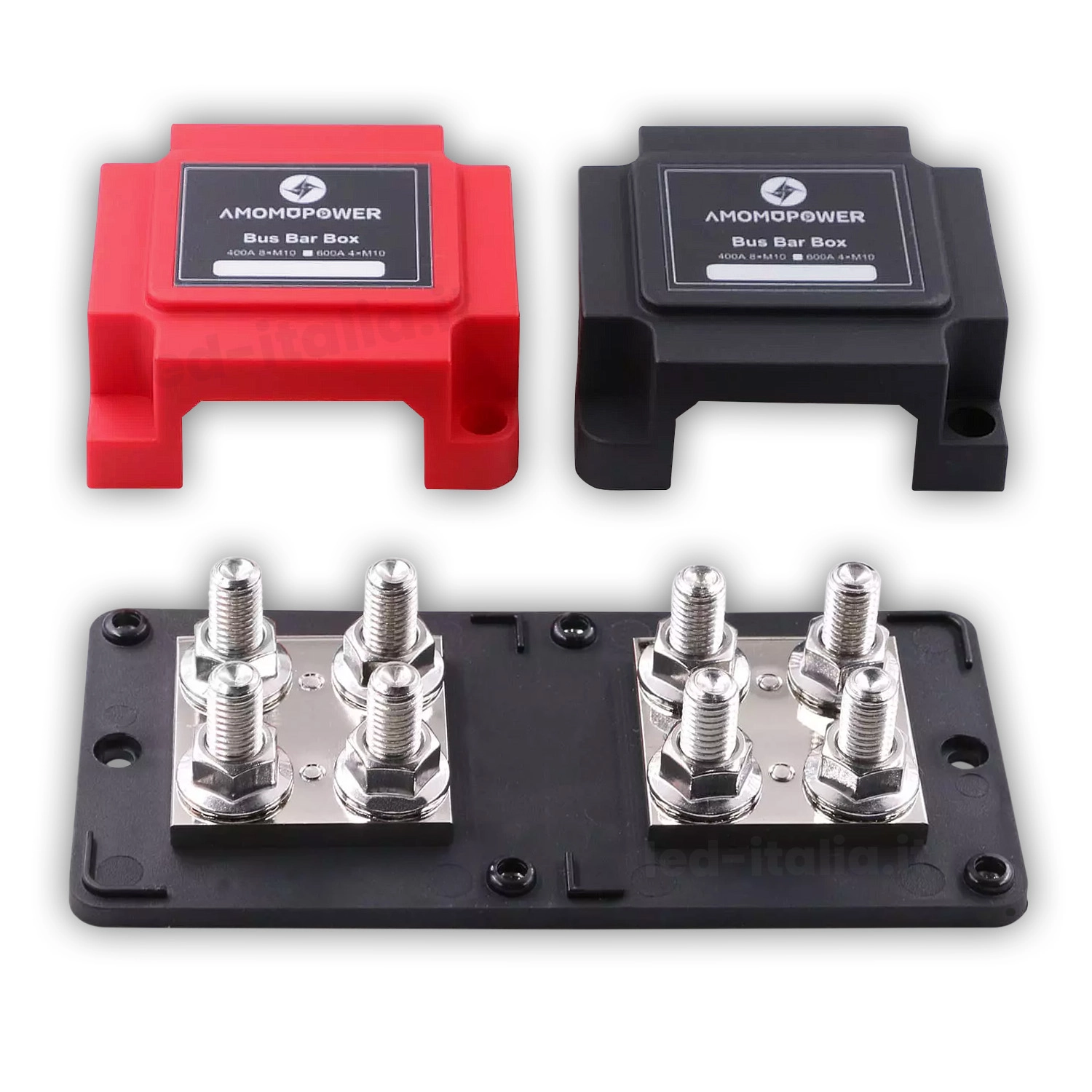 Busbar collegamento in Parallelo di Batterie Bassa Tensione 4xM10 48V 400A, vista frontale componenti