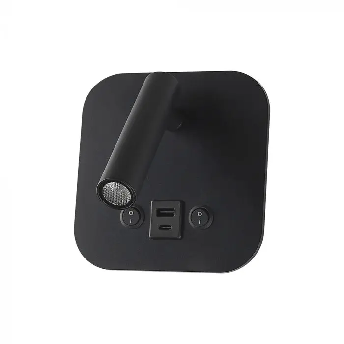 Applique da Parete con Faretto LED Chip CREE 8W Orientabile + Retroilluminazione 2x USB/PD 20W Nera 3000K, vista frontale
