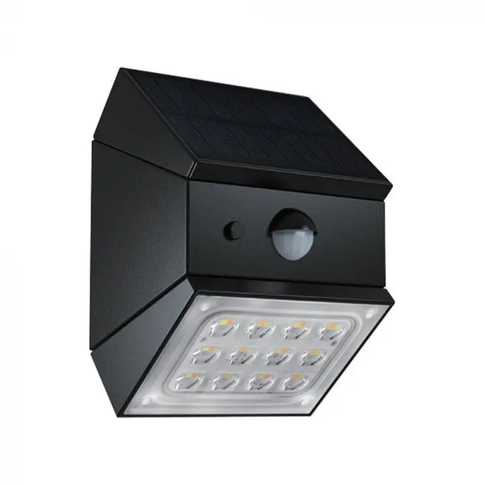 Lampada LED 2.5W con Pannello Solare e Sensore PIR Nera CCT, vista frontale angolata