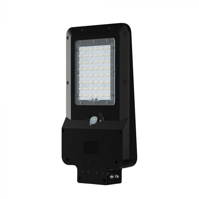 Armatura Stradale LED SMD 20W 150LM/W con Pannello Solare e Sensore PIR Nera CCT, vista frontale angolata