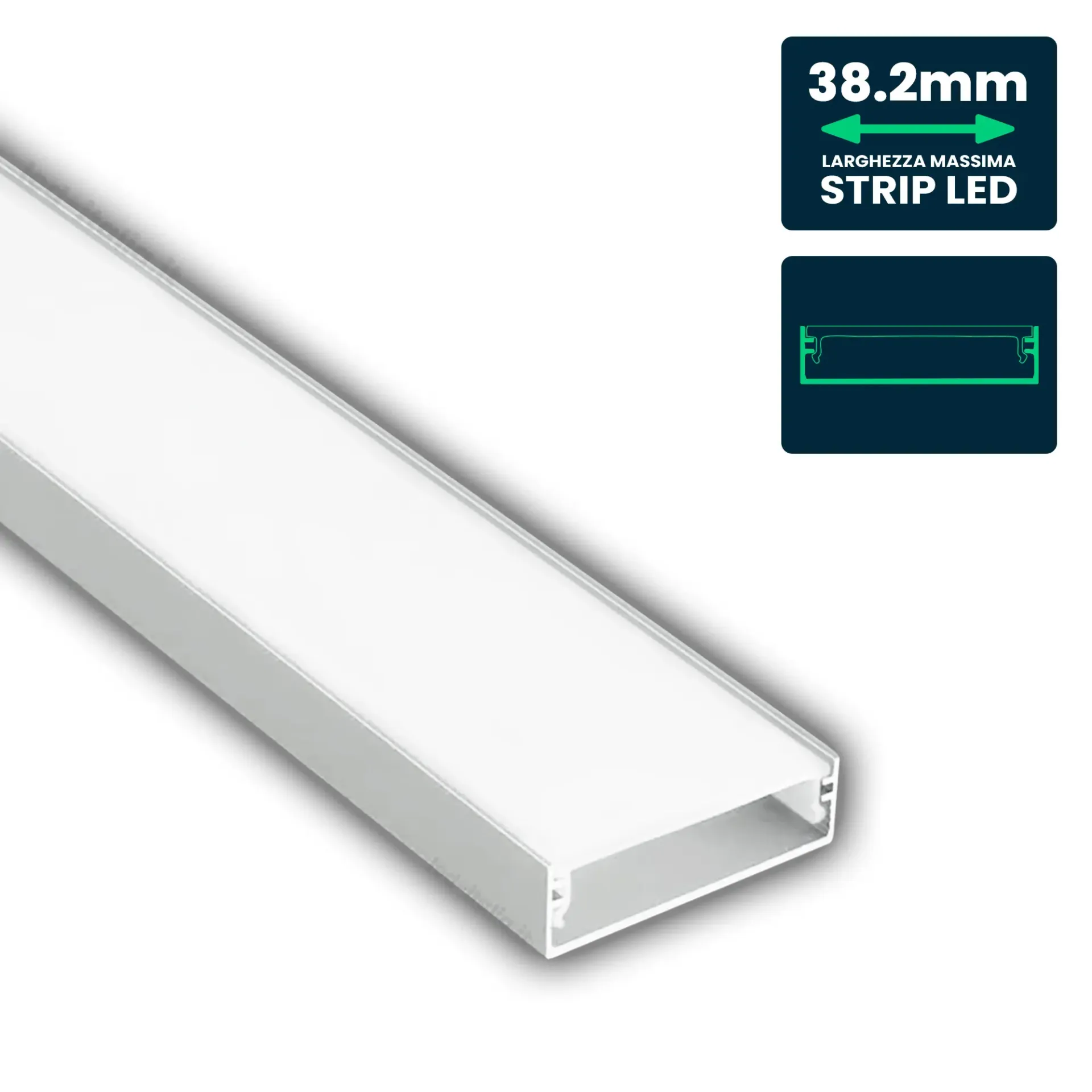Profilo Lineare per Strip LED fino a 38.2mm, Alluminio Silver con Copertura Opaca 2000x39.8x10mm, vista angolata