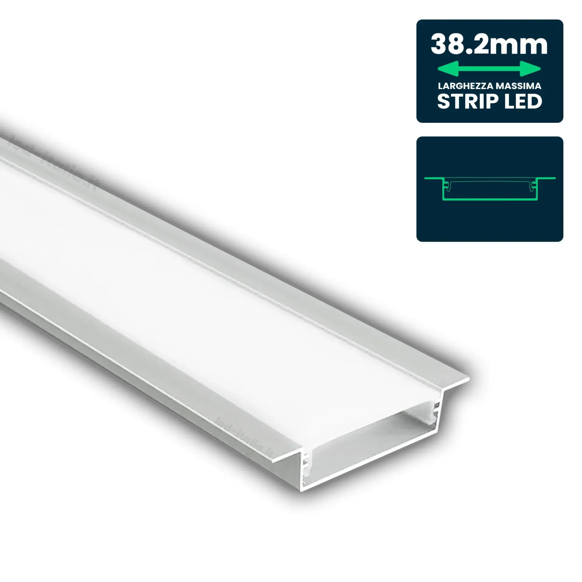 Profilo Lineare da Incasso per Strip LED fino a 38.2mm, Alluminio Silver con Copertura Opaca 2000x55x9.8mm, vista angolata