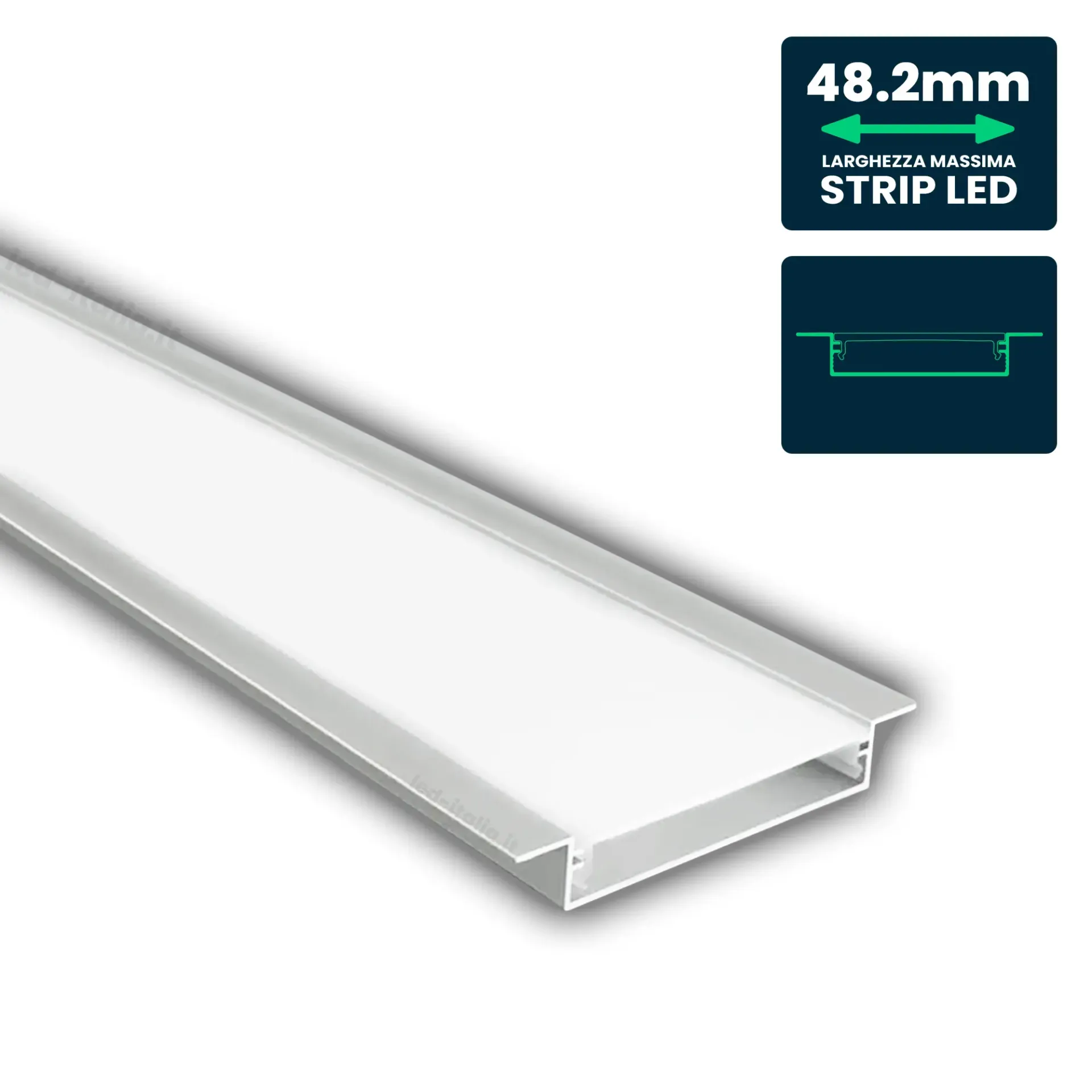 Profilo Lineare da Incasso per Strip LED fino a 48.2mm, Alluminio Silver con Copertura Opaca 2000x65x9.8mm,