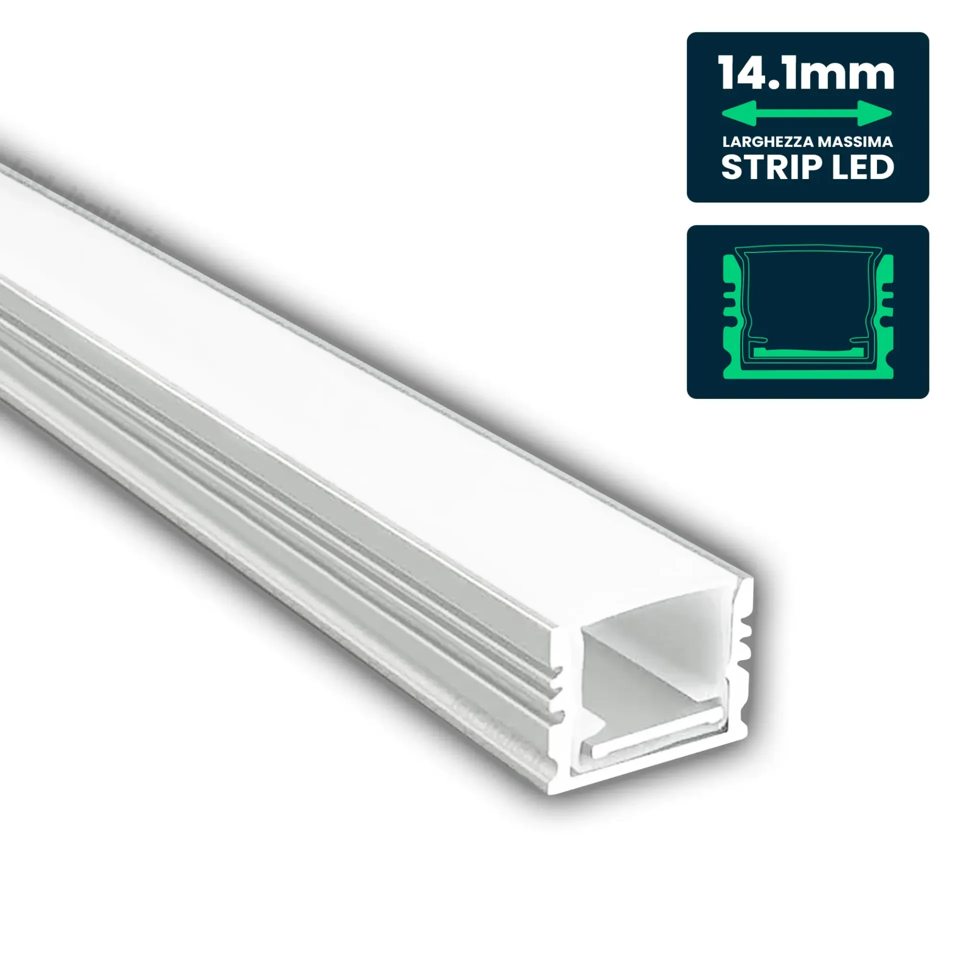 Profilo Lineare per Strip LED fino a 14.1mm, Alluminio Silver con Copertura Opaca 2000x17.7x13mm, vista angolata