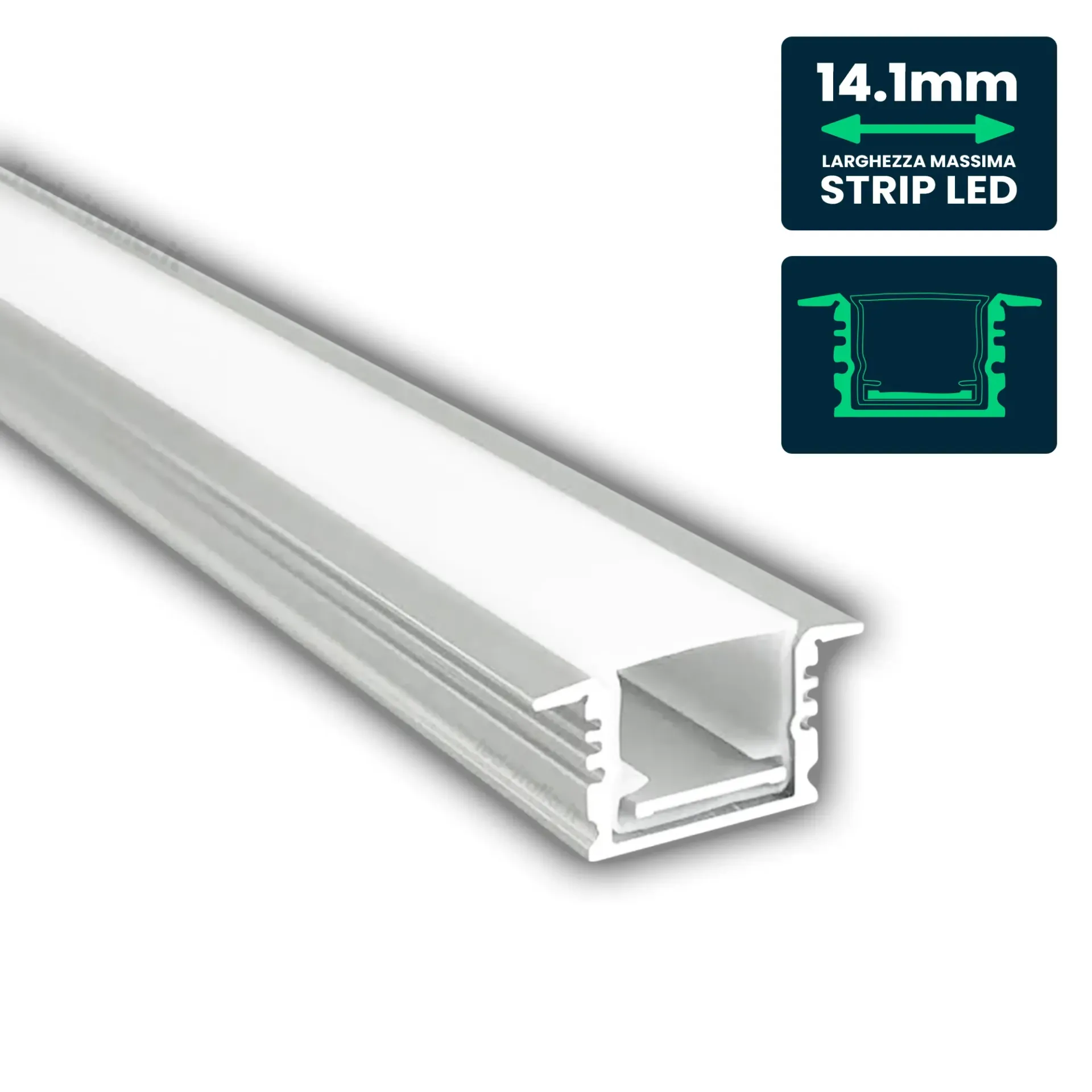 Profilo Lineare da Incasso per Strip LED fino a 14.1mm, Alluminio Silver con Copertura Opaca 2000x17.7x13mm, vista angolata