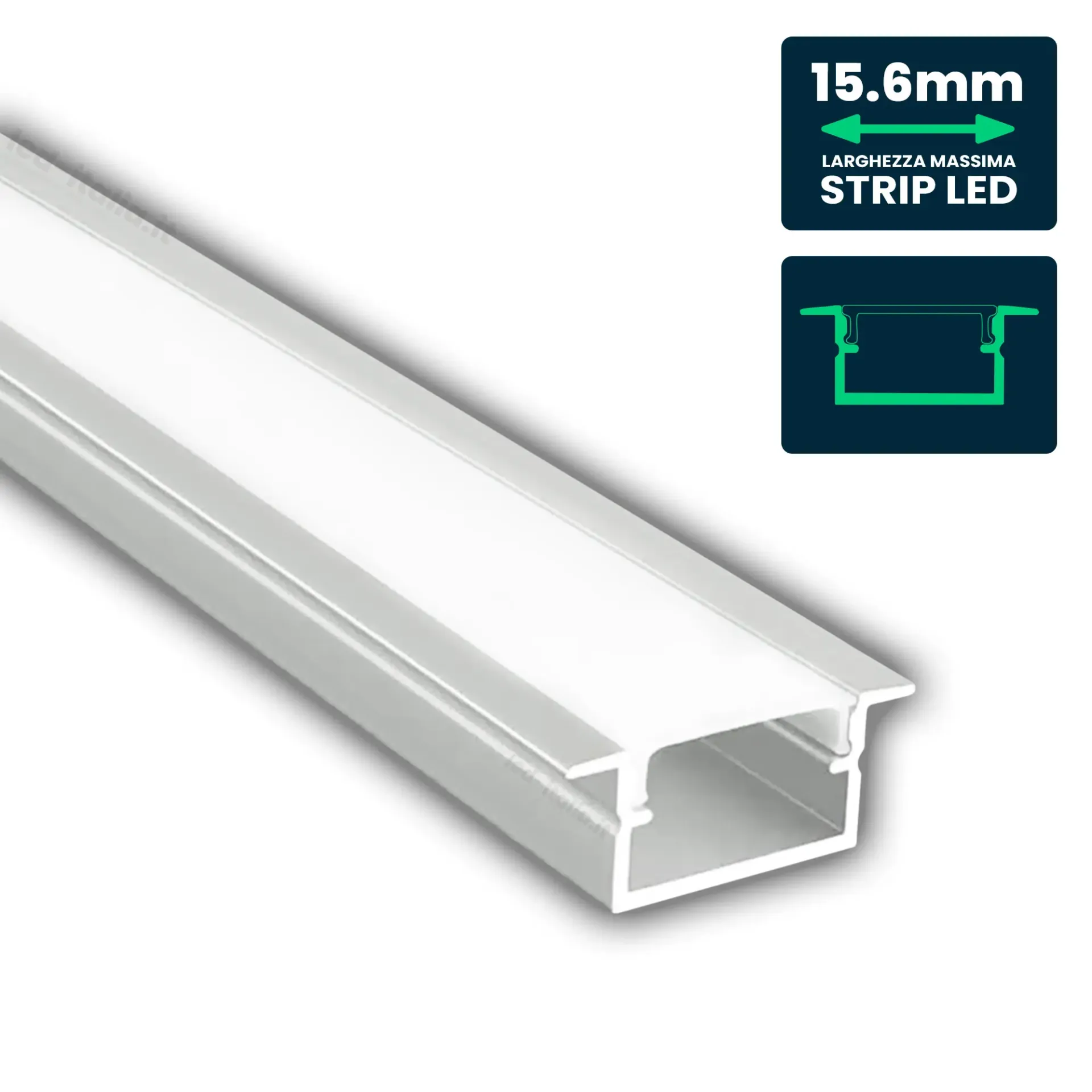 Profilo Lineare da Incasso per Strip LED fino a 15.6mm, Alluminio Silver con Copertura Opaca 2000x24x10mm, vista angolata con dettagli tecnici