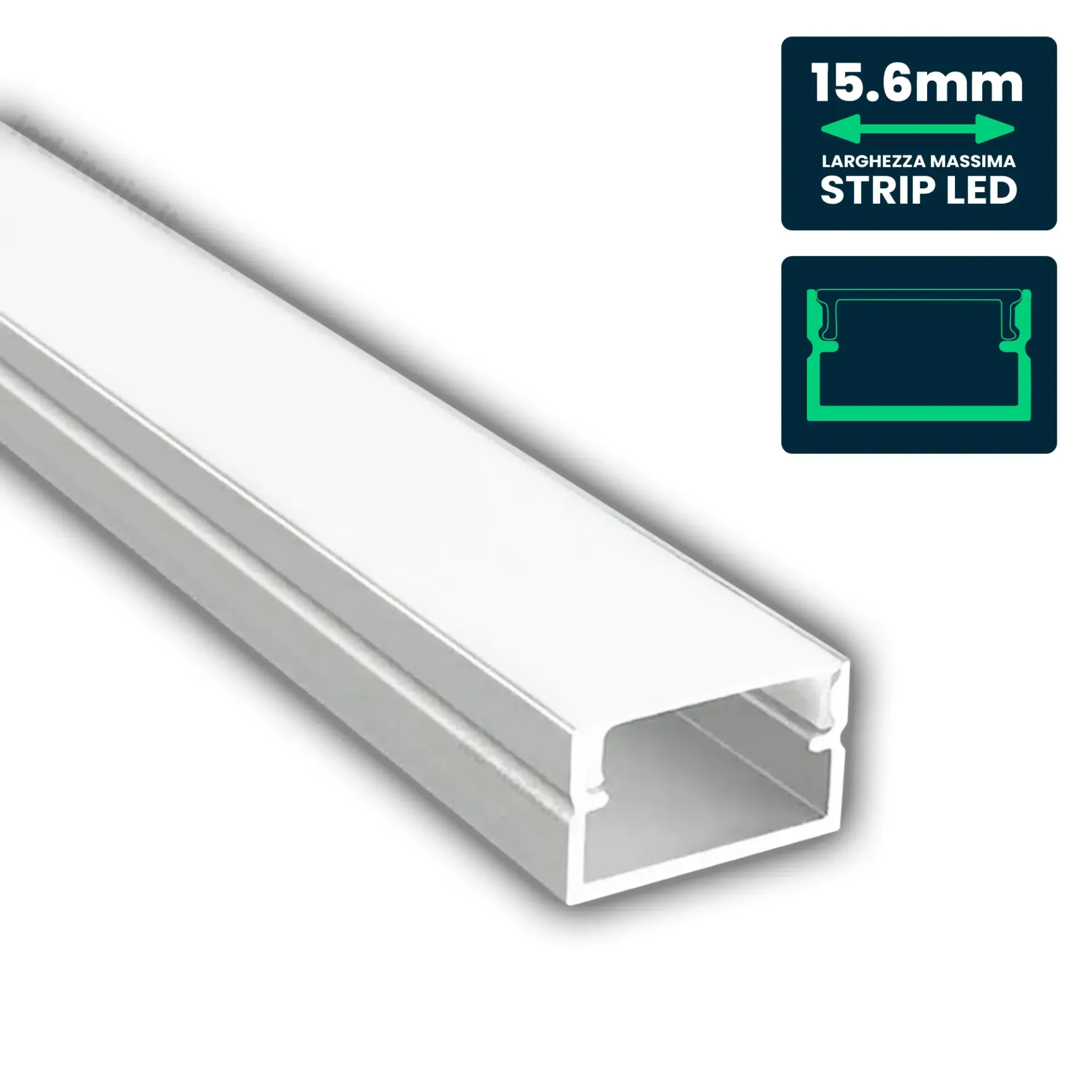 Profilo Lineare per Strip LED fino a 15.6mm, Alluminio Silver con Copertura Opaca 2000x17x10mm, vista angolata frontale