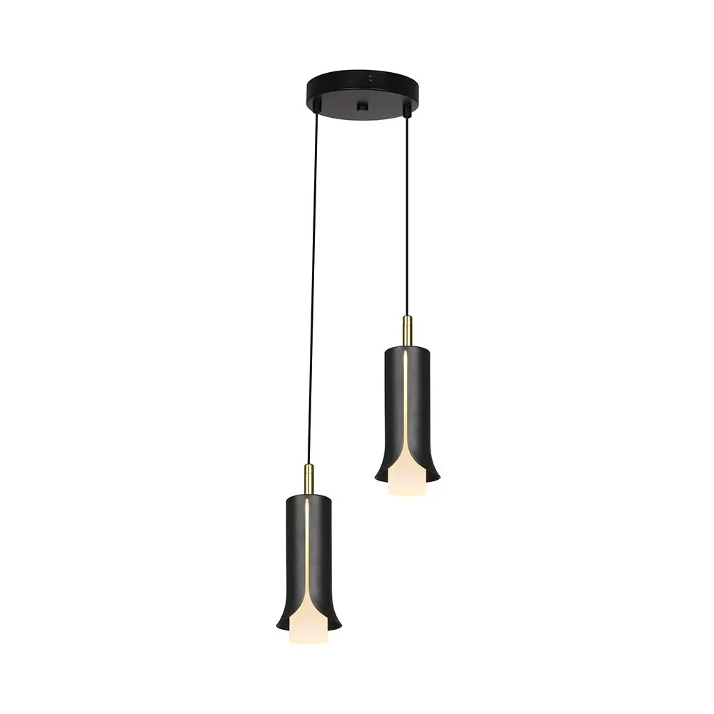 Lampadario LED 2x5W Doppio Diffusore Pendente Nero Sabbia/Oro 3000K, vista frontale