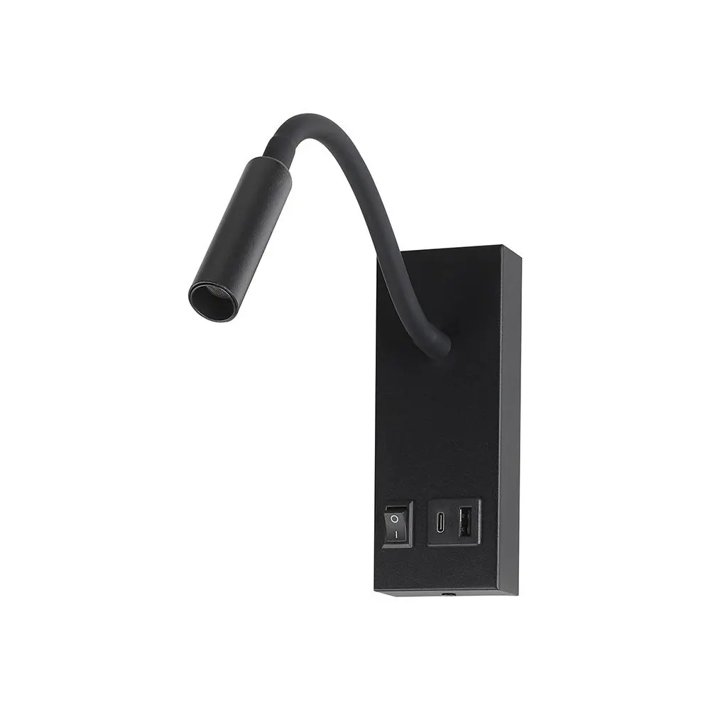 Applique da Parete LED Chip CREE 3W con Interruttore e USB/PD Nera 3000K, vista