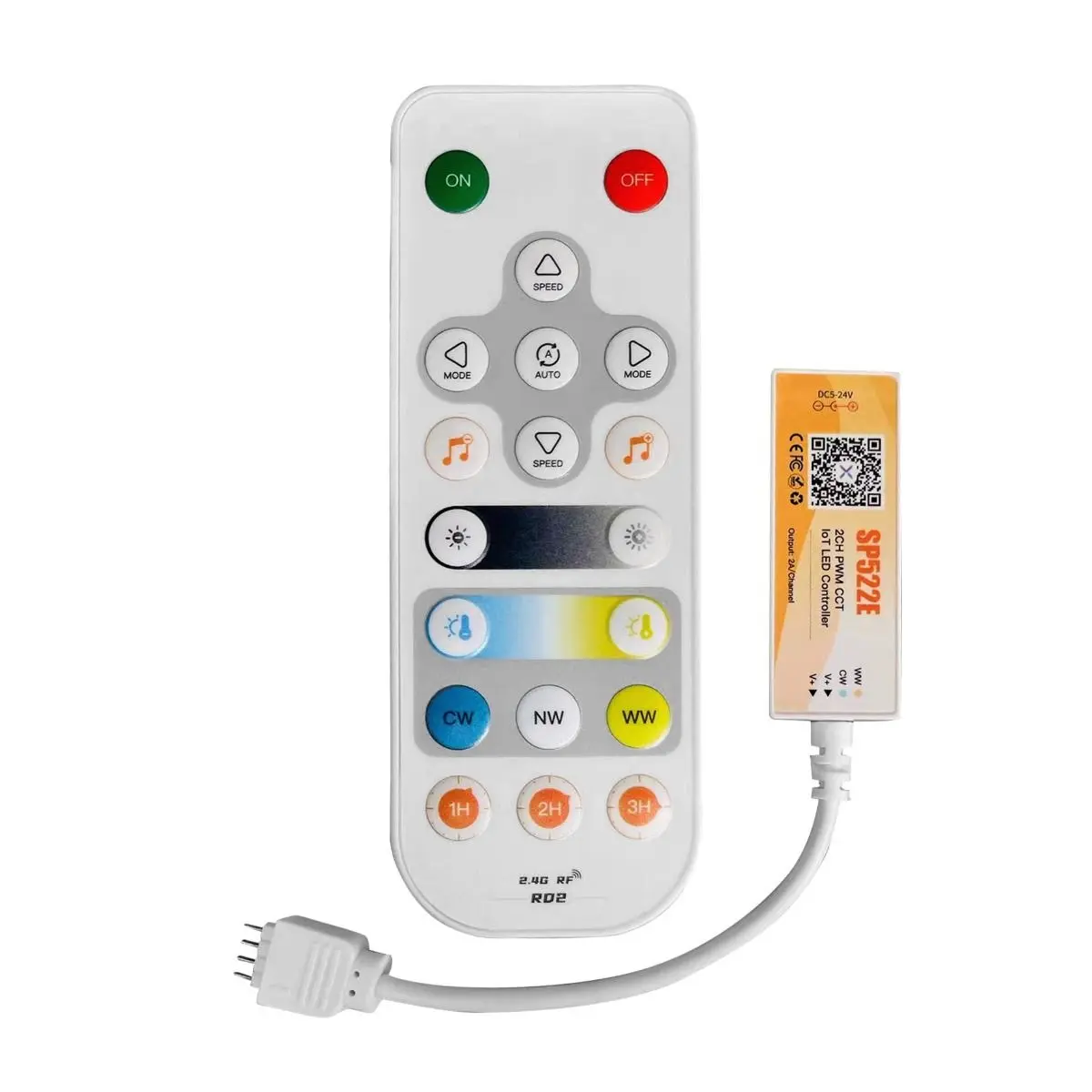 Controller Smart WiFi per Strip LED CCT DC5–24V 2A con Telecomando RF, vista frontale