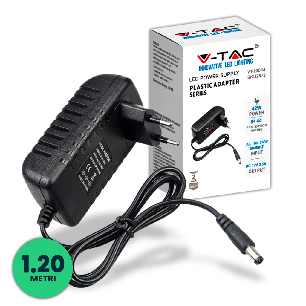 Alimentatore in Plastica 42W 12V 3.5A Plug and Play con Jack 2.1 Colore Nero Cavo da 1.2m, vista angolata con scatola