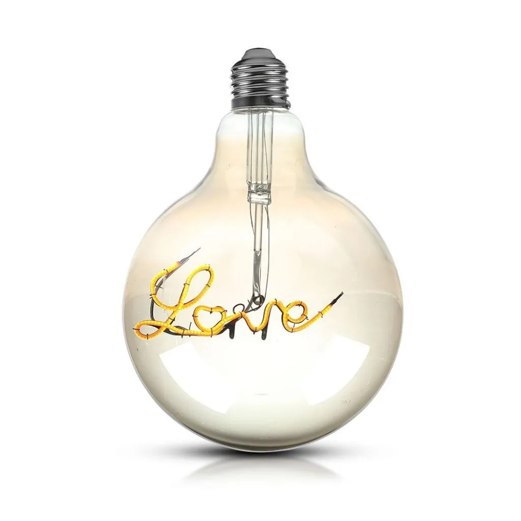 Lampadina LED E27 5W G125 Filamento Ambrato Scritta Love 2200K, vista frontale
