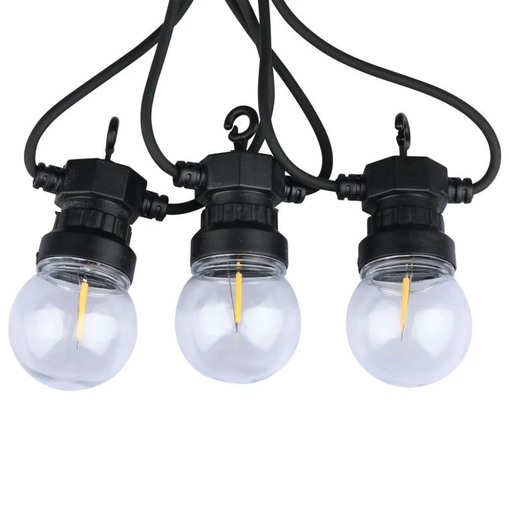 Catenaria 5M Con 10 Lampadine Mini Globo A Filamento Led 4W Colore Nero Con Trasformatore 3000K, vista ravvicinata delle lampadine