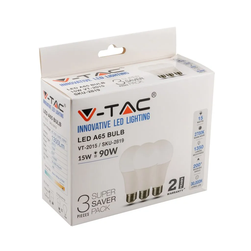 Lampadina Led E27 15W A65 2700K Box 3 Pezzi, vista angolata della scatola