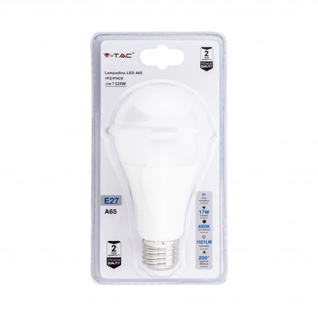 Lampadina Led E27 17W A65 4000K Blister 1 Pezzo, vista frontale del blister
