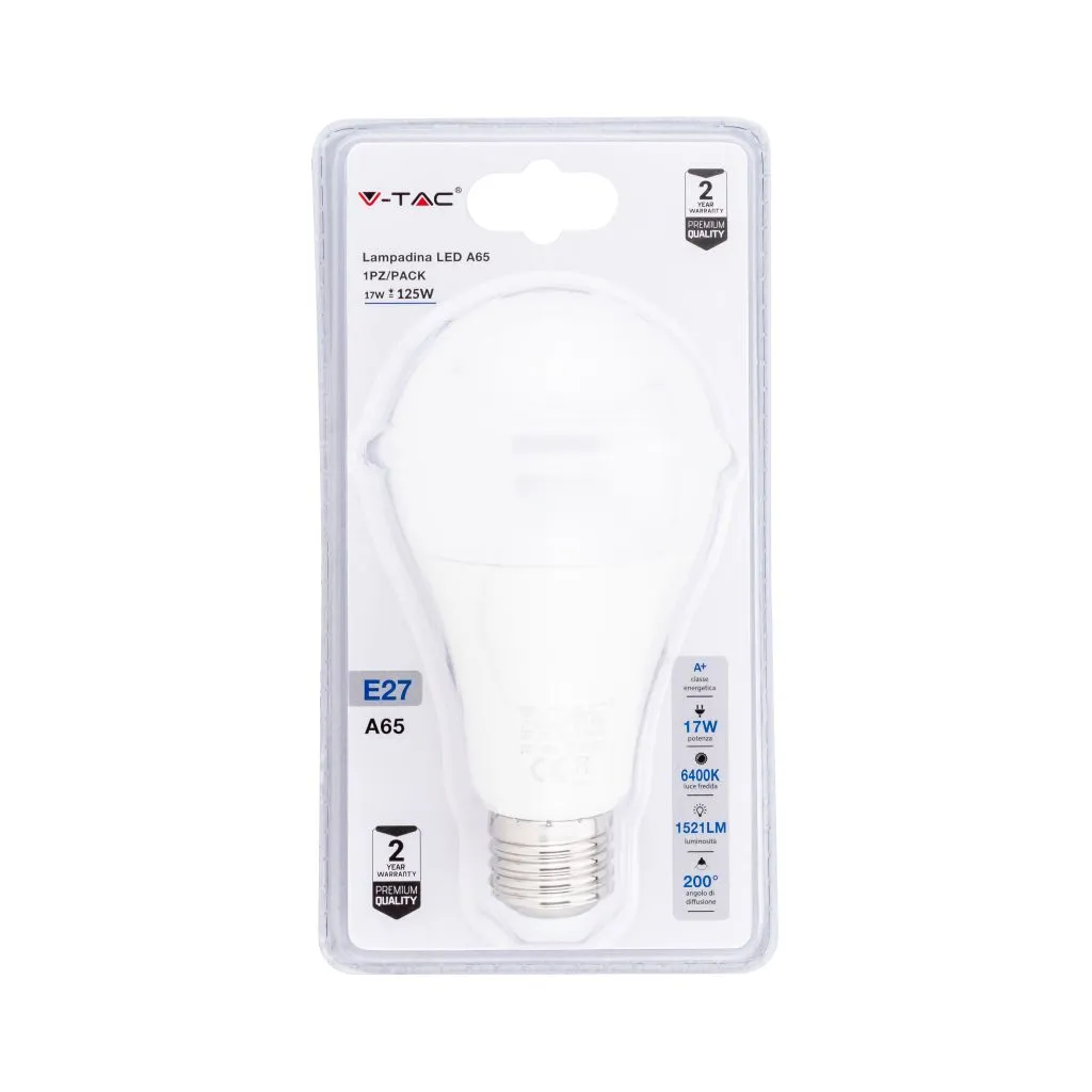 Lampadina Led E27 17W A65 6400K Blister 1 Pezzo, vista frontale della confezione