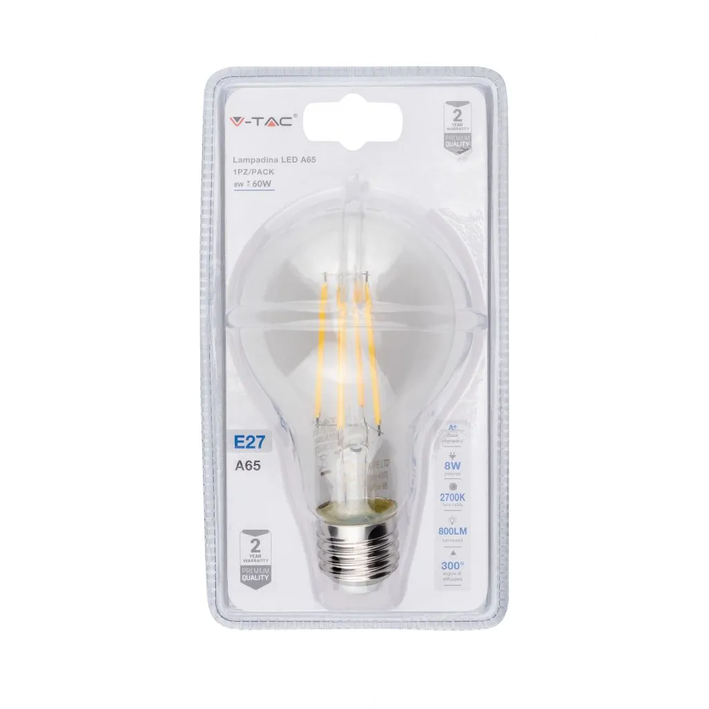 Lampadina Led E27 8W A65 Filamento 2700K Blister 1 Pezzo, vista frontale confezione