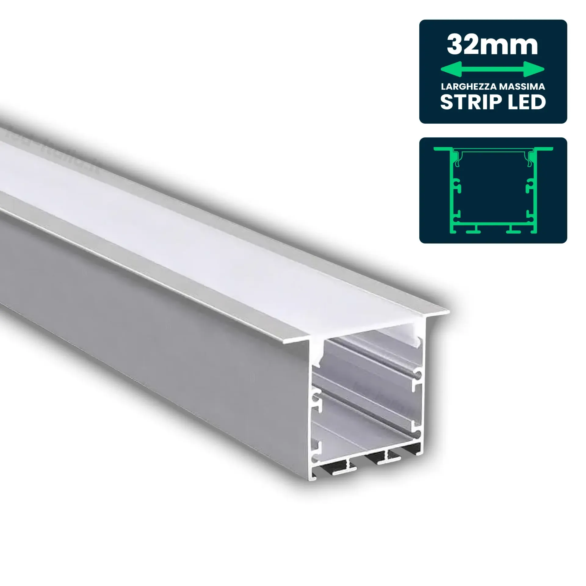 Profilo Lineare da Incasso/Plafone per Strip LED fino a 32mm, Alluminio Bianco con Copertura Opaca 2000x50x35mm, vista angolata con dettaglio tecnico