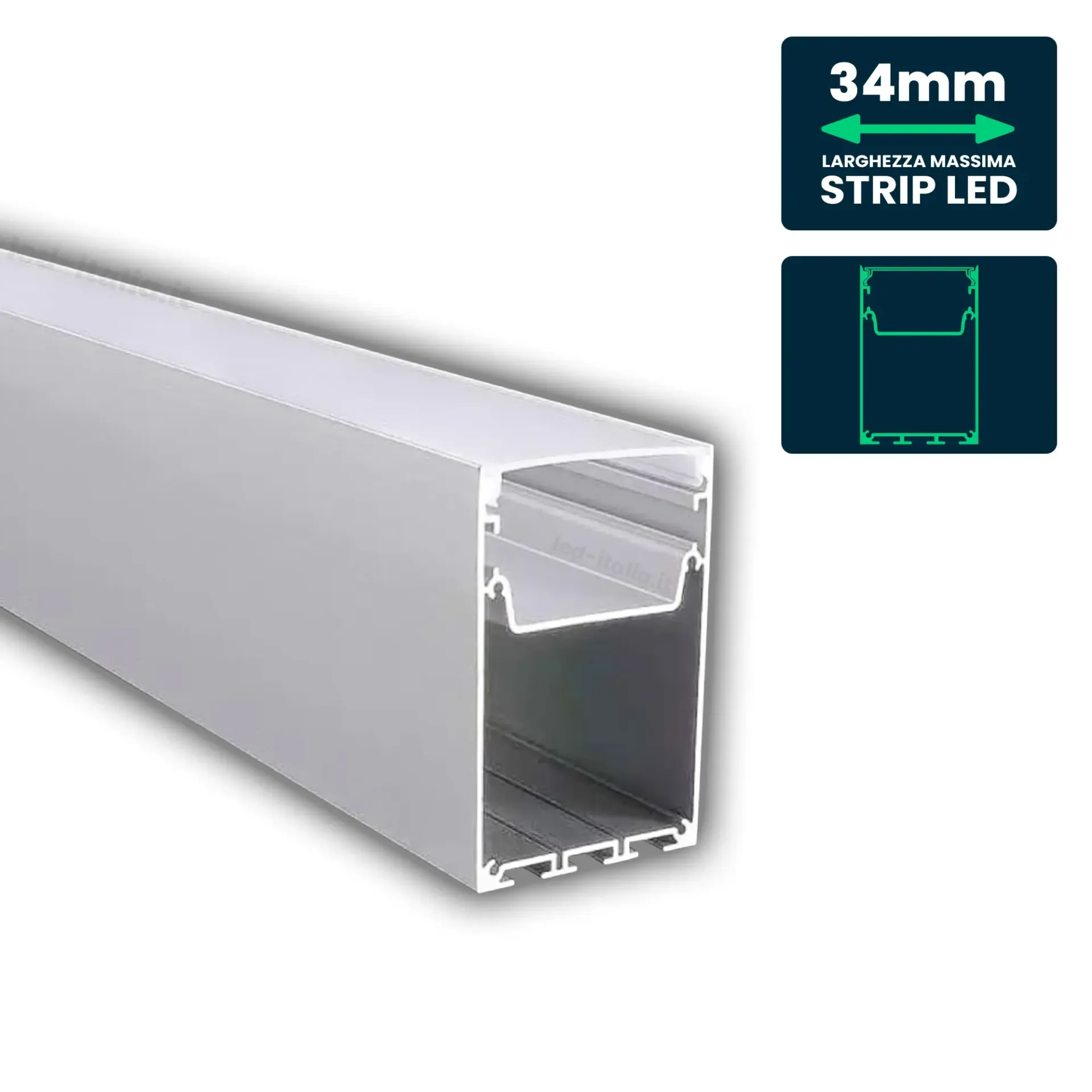 Profilo Lineare con Kit Sospensione per Strip LED fino a 34mm, Alluminio Bianco con Copertura Opaca 2000x75x50mm, vista angolata