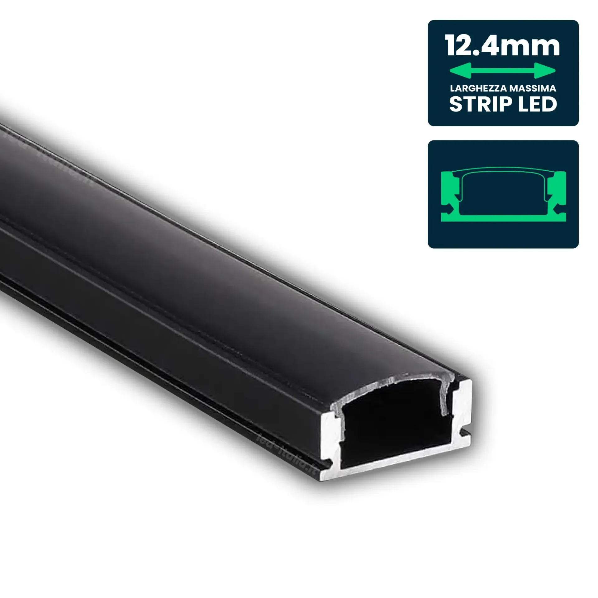 Profilo Lineare per Strip LED fino a 12.4mm, Alluminio Nero con Copertura Nera Opaca 2000x17.4x7mm, vista angolata frontale