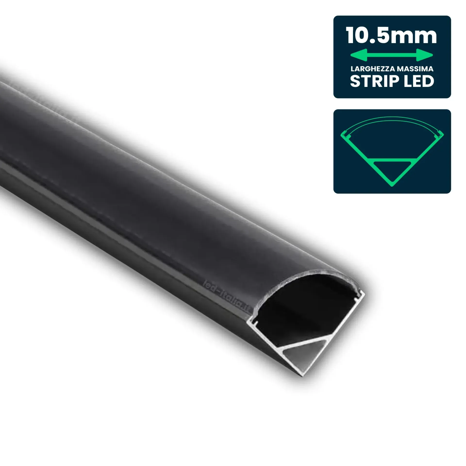 Profilo Angolare per Strip LED fino a 10.5mm, Alluminio Nero con Copertura Nera Opaca 2000x15.8x15.8mm, vista angolata ravvicinata