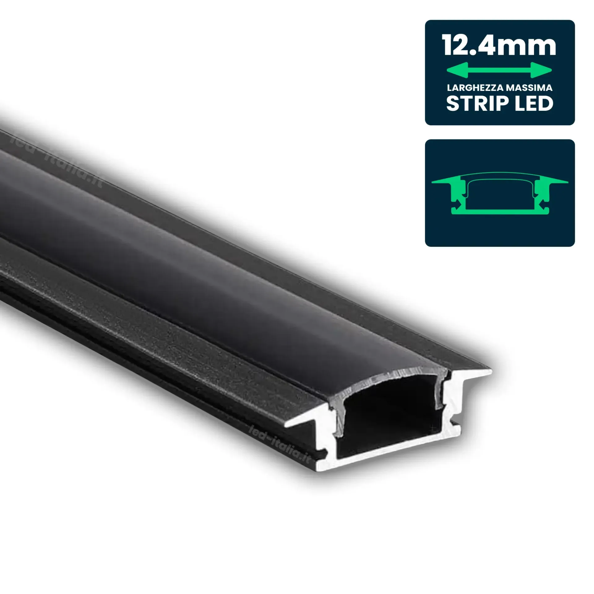 Profilo Lineare da Incasso per Strip LED fino a 12.4mm, Alluminio Nero con Copertura Nera Opaca 2000x24.7x7mm, vista angolata frontale