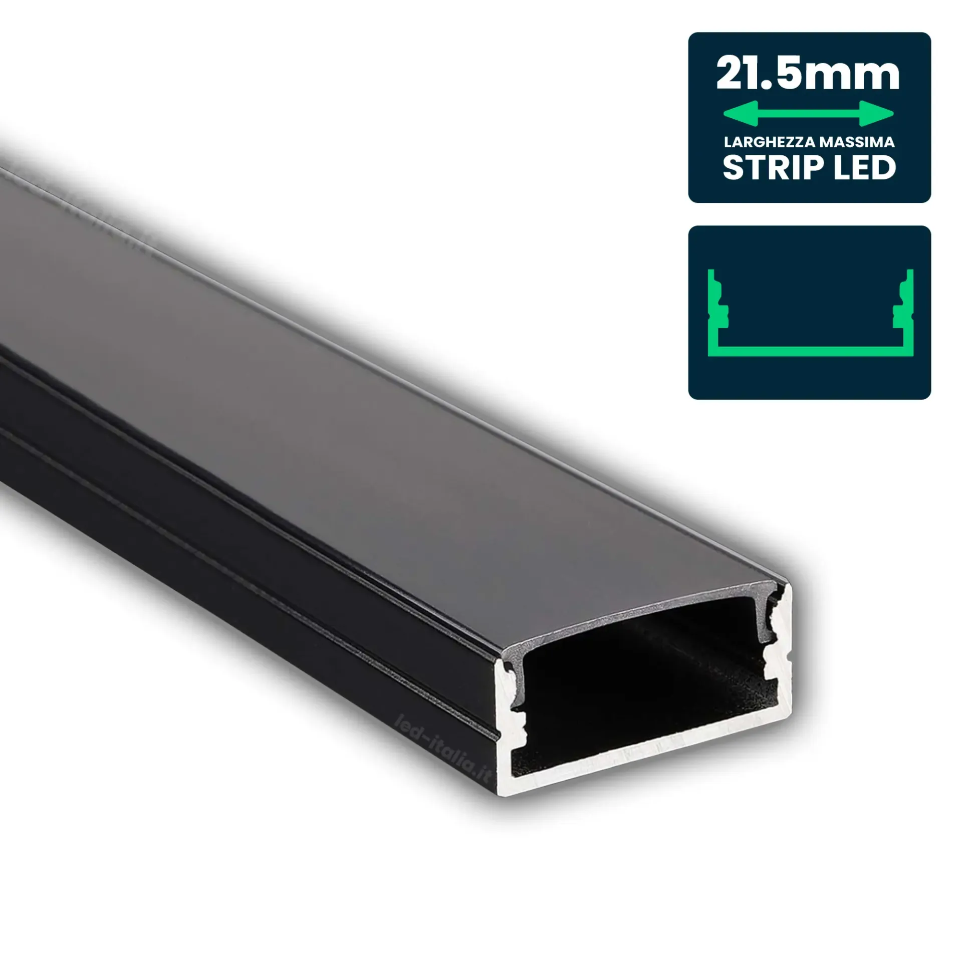 Profilo Lineare per Strip LED fino a 21.5mm, Alluminio Nero con Copertura Nera Opaca 2000x23.5x9.8mm, vista angolata frontale