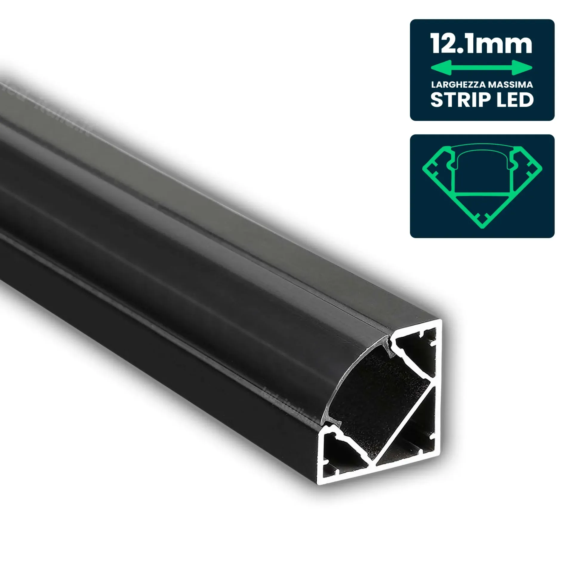 Profilo Angolare per Strip LED fino a 12.1mm, Alluminio Nero con Copertura Nera Opaca 2000x19x19mm, vista angolata