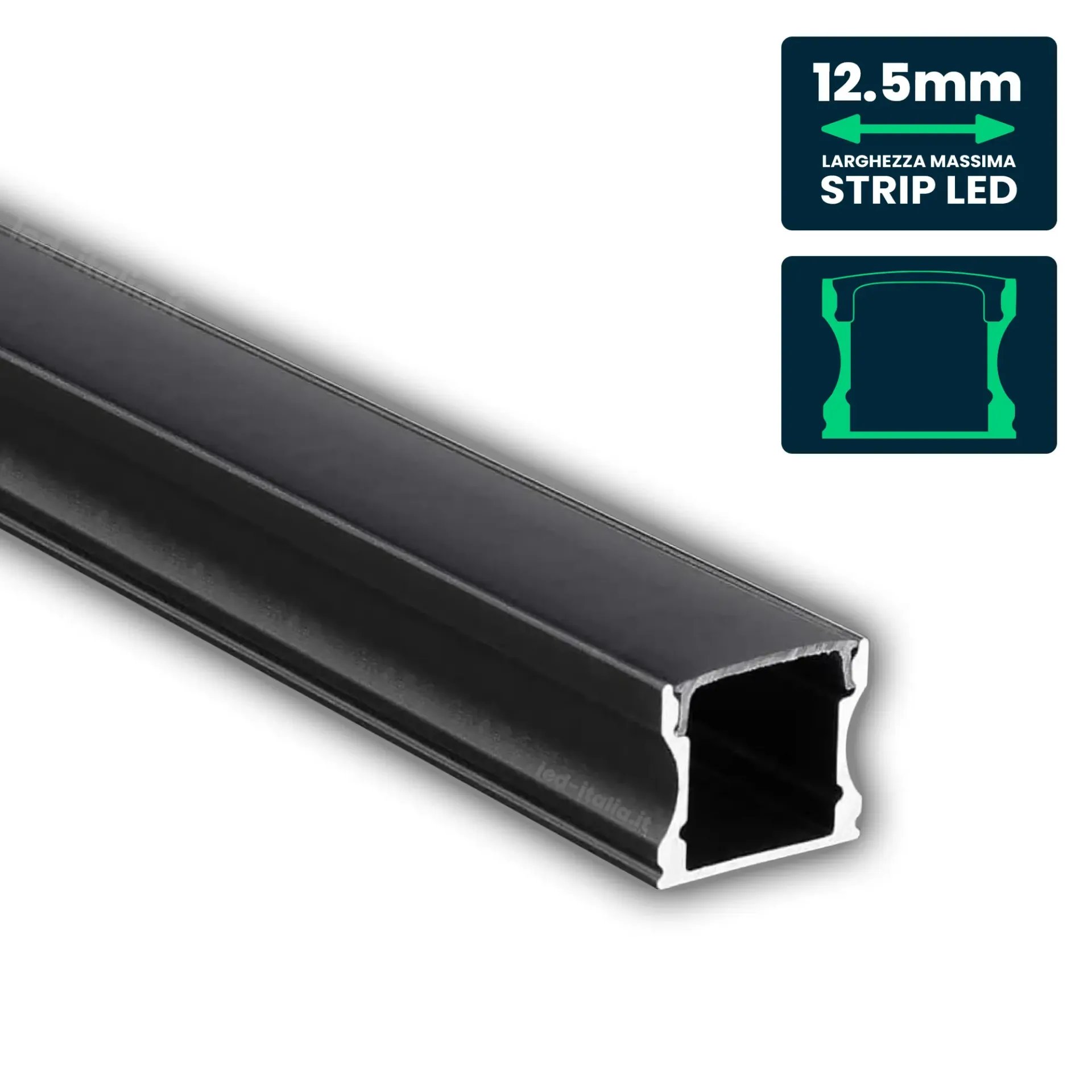Profilo Lineare per Strip LED fino a 12.5mm, Alluminio Nero con Copertura Nera Opaca 2000x17.2x14.4mm, vista angolata frontale